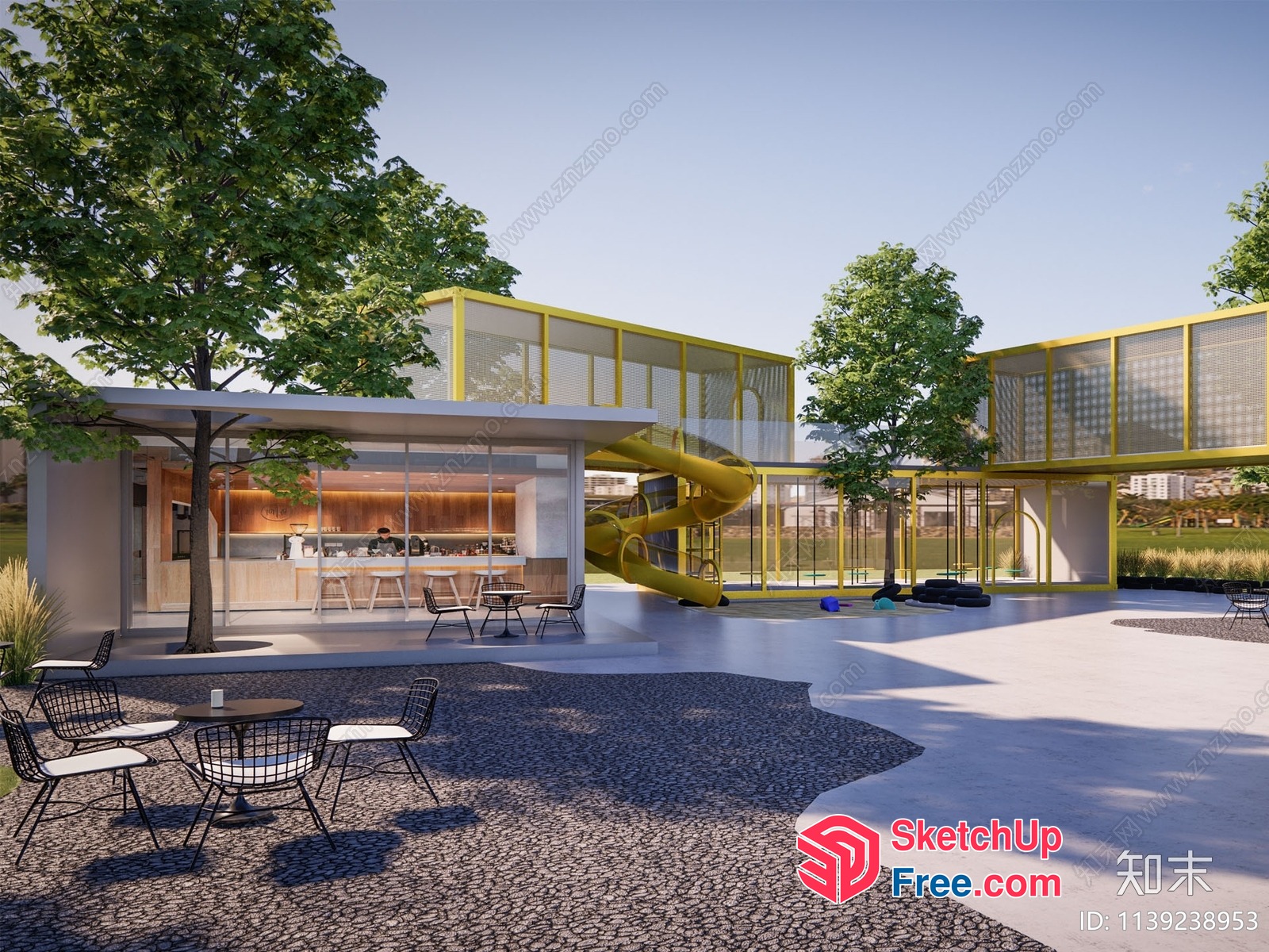 Modern Glass Building With Yellow Accents And Outdoor Seating 3D SketchUp File