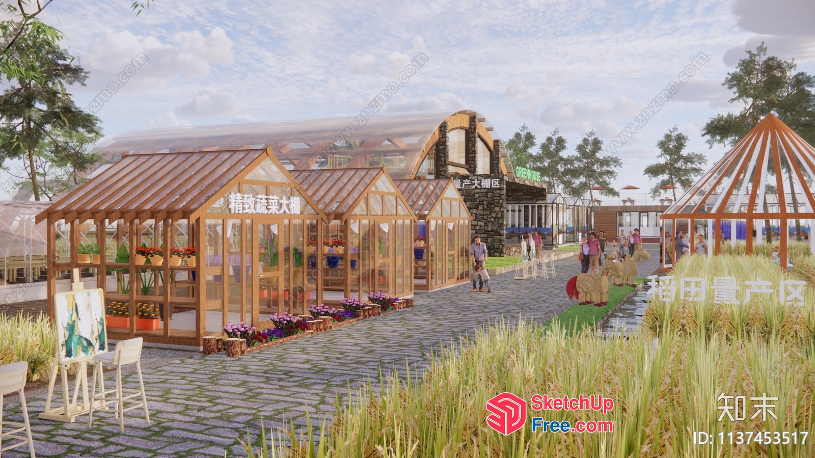 Outdoor Market With Glass Greenhouses And Wooden Accents 3D SketchUp File