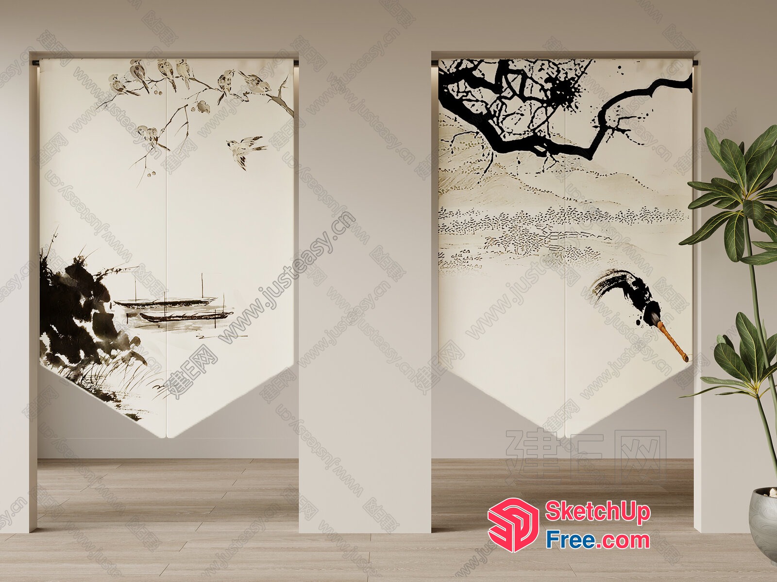 Two Asian-Inspired Artworks On Sliding Doors 3D SketchUp File