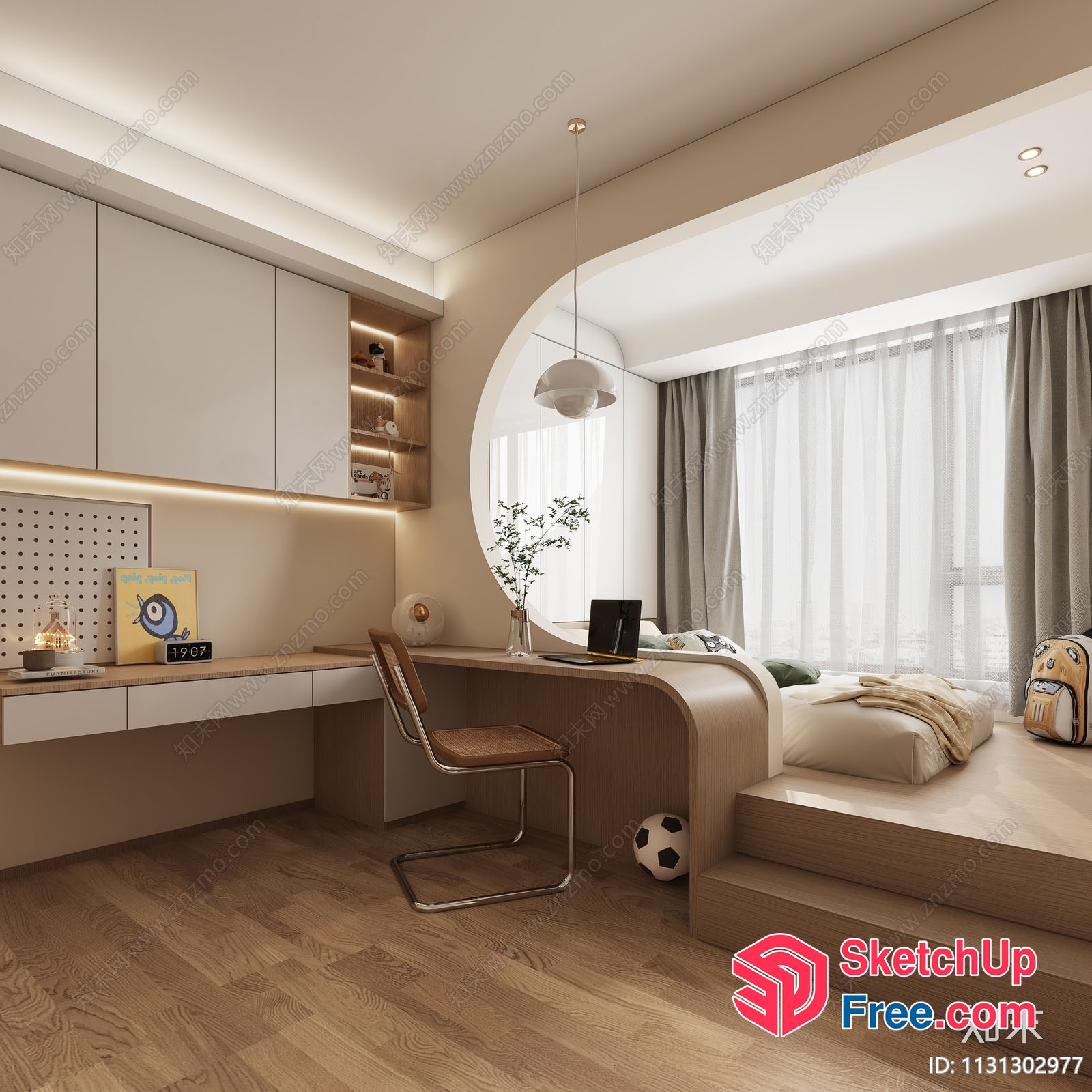 Modern Minimalist Bedroom With Built-In Desk And Shelf 3D SketchUp File