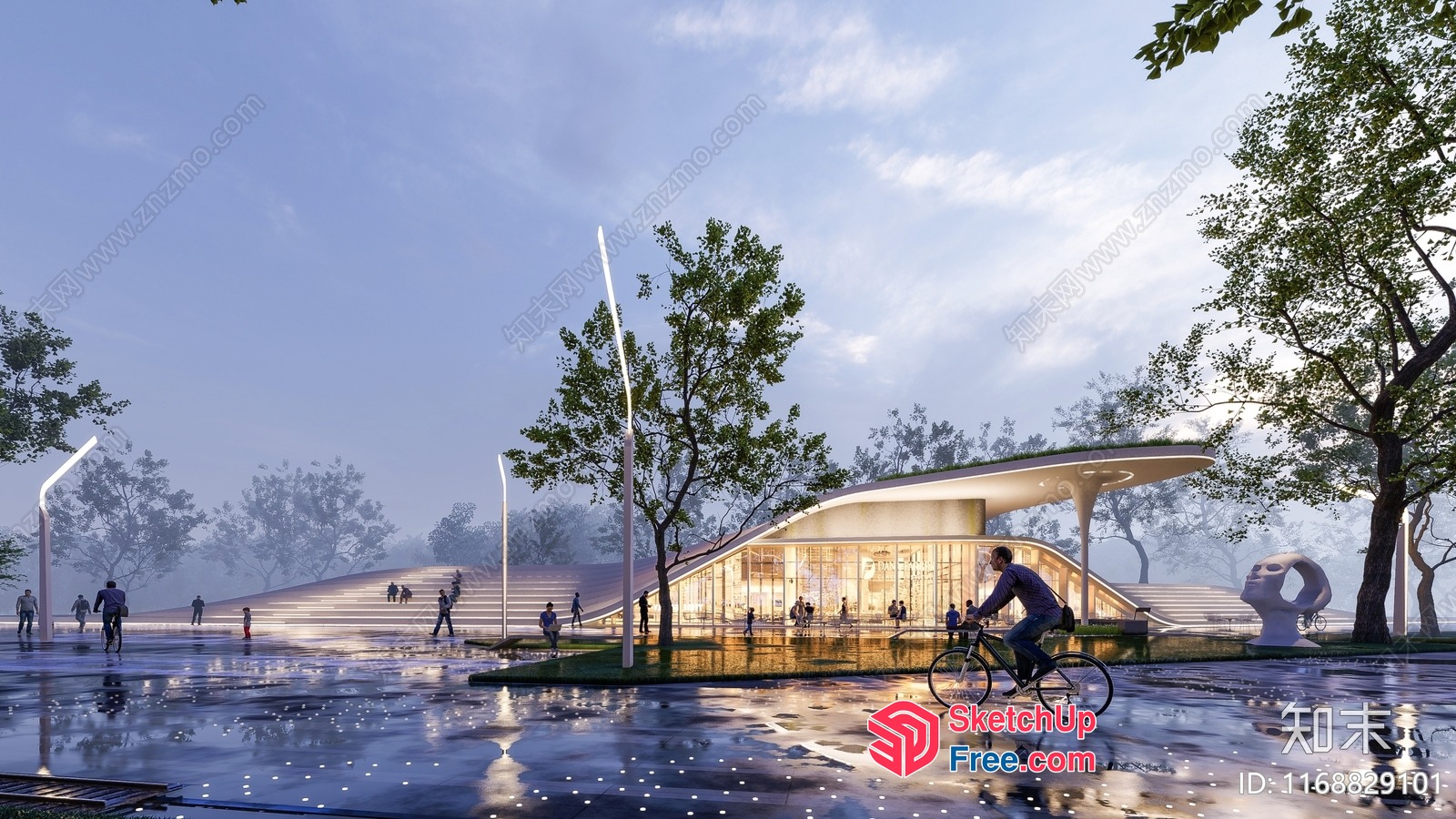Modern Building Exterior With People And Trees 3D SketchUp File