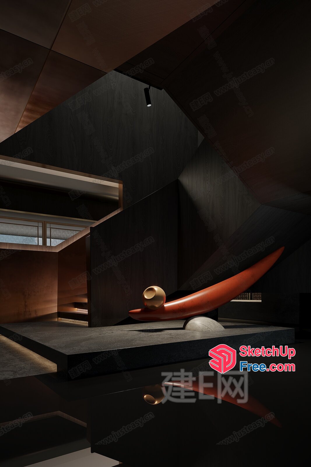 Abstract Geometric Interior With Sculptural Elements 3D SketchUp File