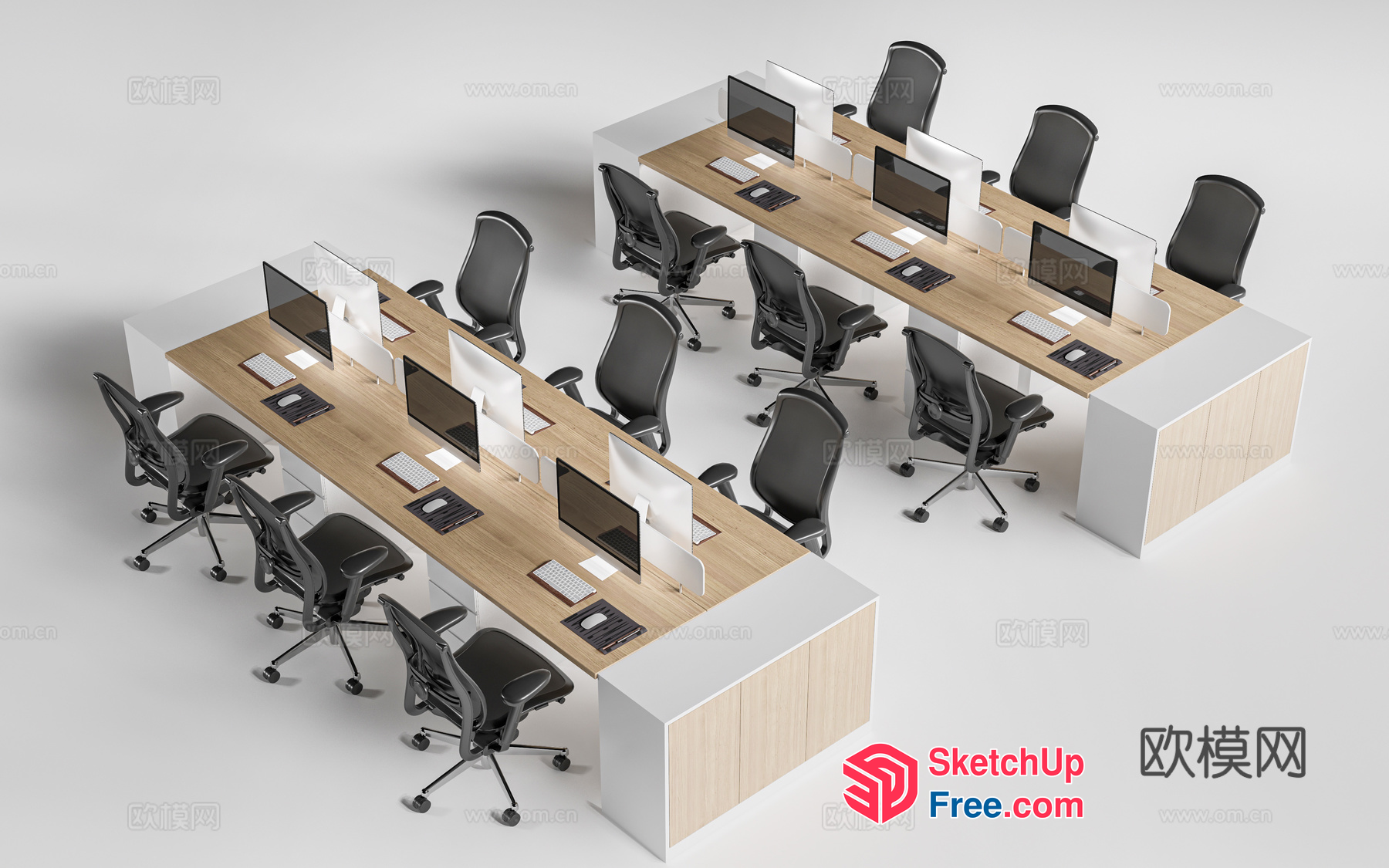 Modern Office Workstations With Multiple Desks And Computers 3D SketchUp File