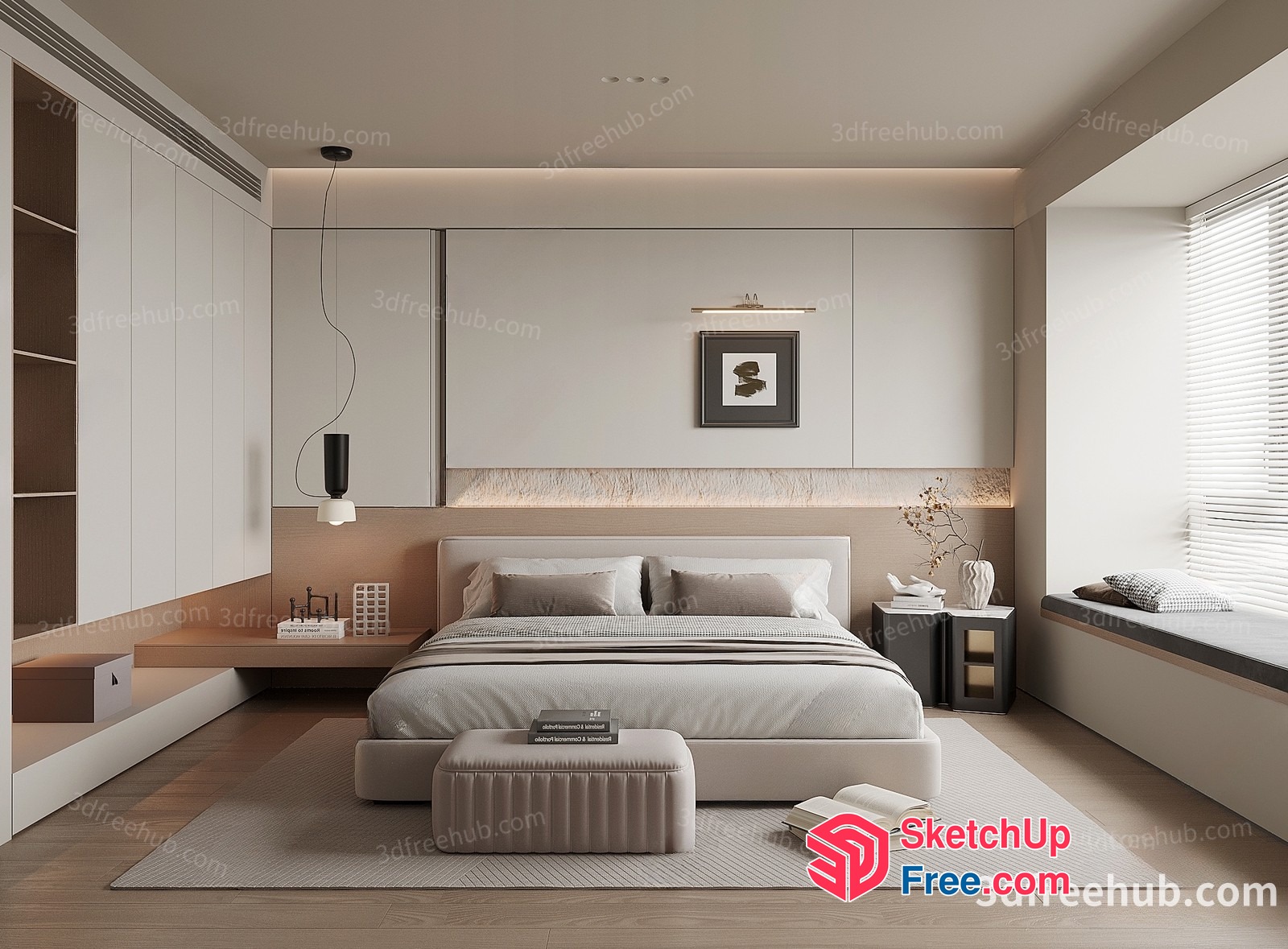 Minimalist Japanese Style Bedroom With White And Brown Accents 3D SketchUp File