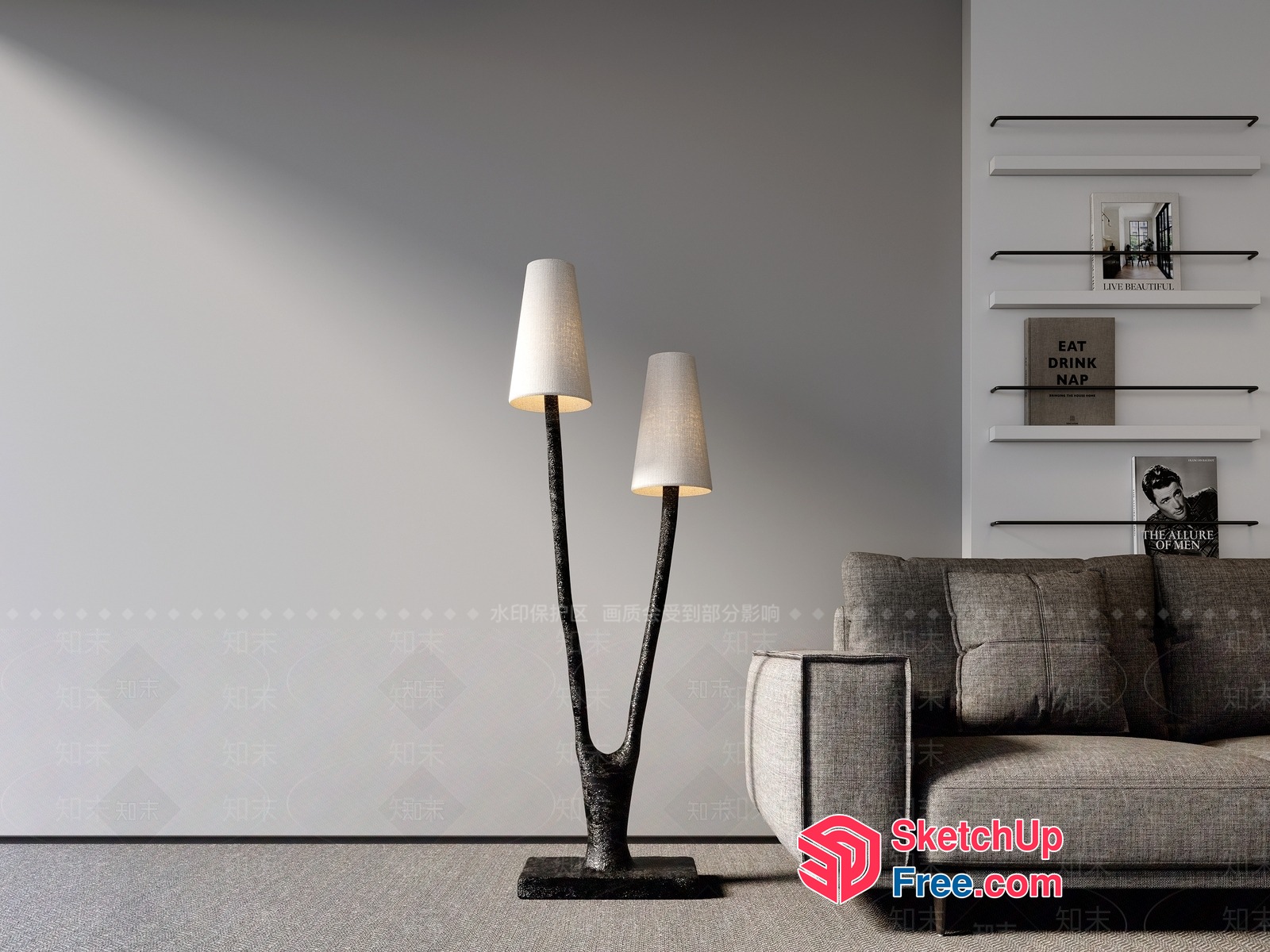 Modern Minimalist Living Room Interior With Gray Couch And Floor Lamps 3D SketchUp File