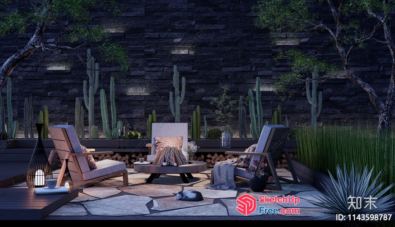 Outdoor Lounge Area With Cacti And Rock Wall 3D SketchUp File