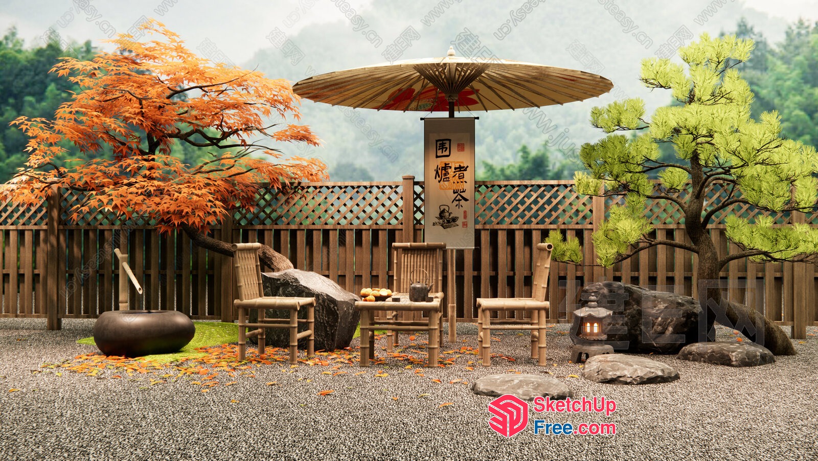 Elegant Japanese Style Outdoor Seating Area 3D SketchUp File