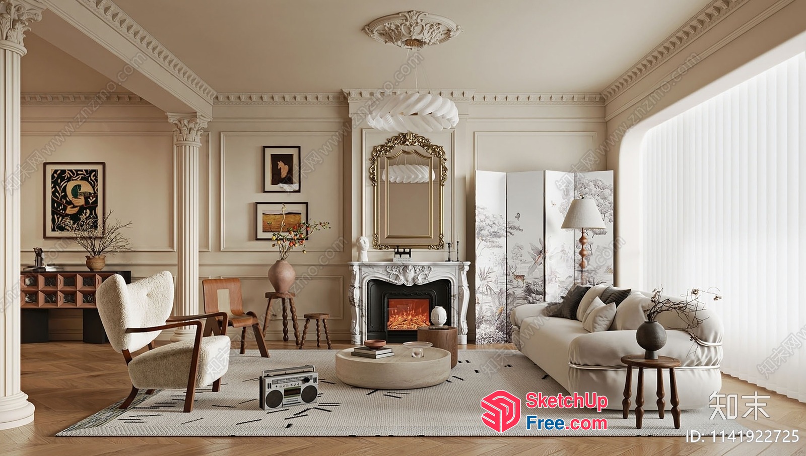 Elegant Living Room With Fireplace And Ornate Pillars 3D SketchUp File