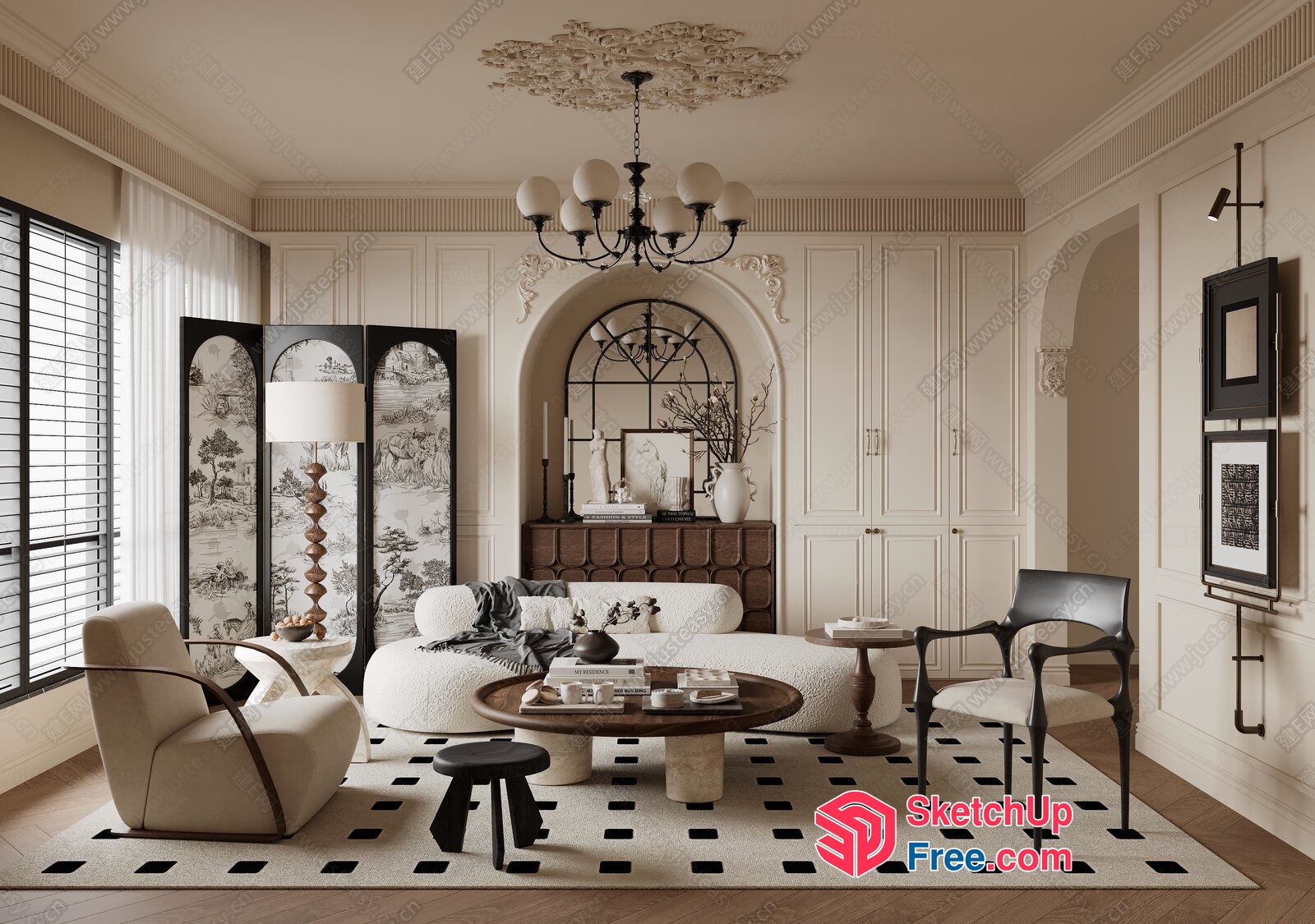 Elegant Creamy Style Living Room With Classic Moulding 3D SketchUp File