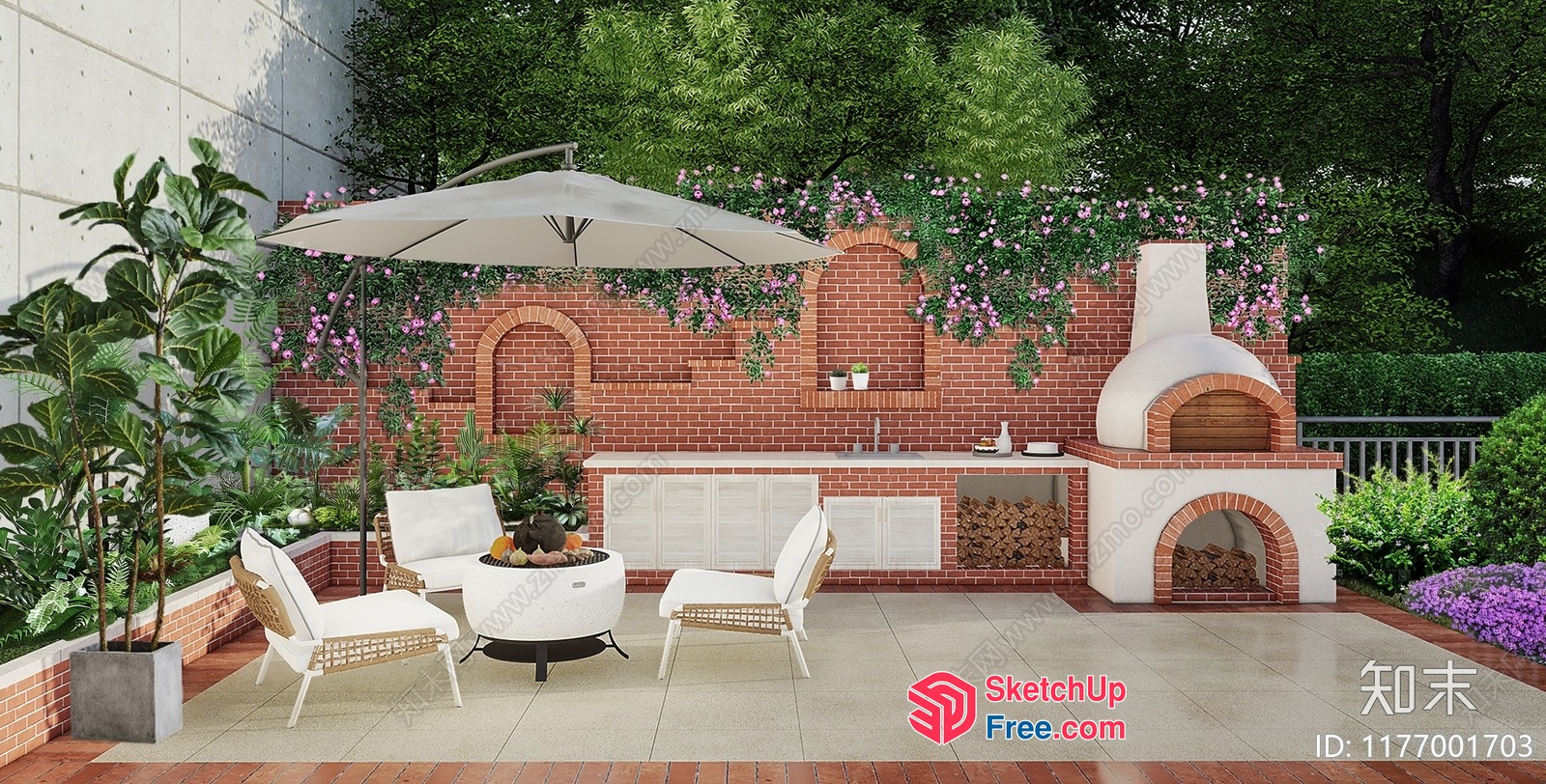 Elegant Outdoor Patio With Brick Fireplace And Dining Area 3D SketchUp File