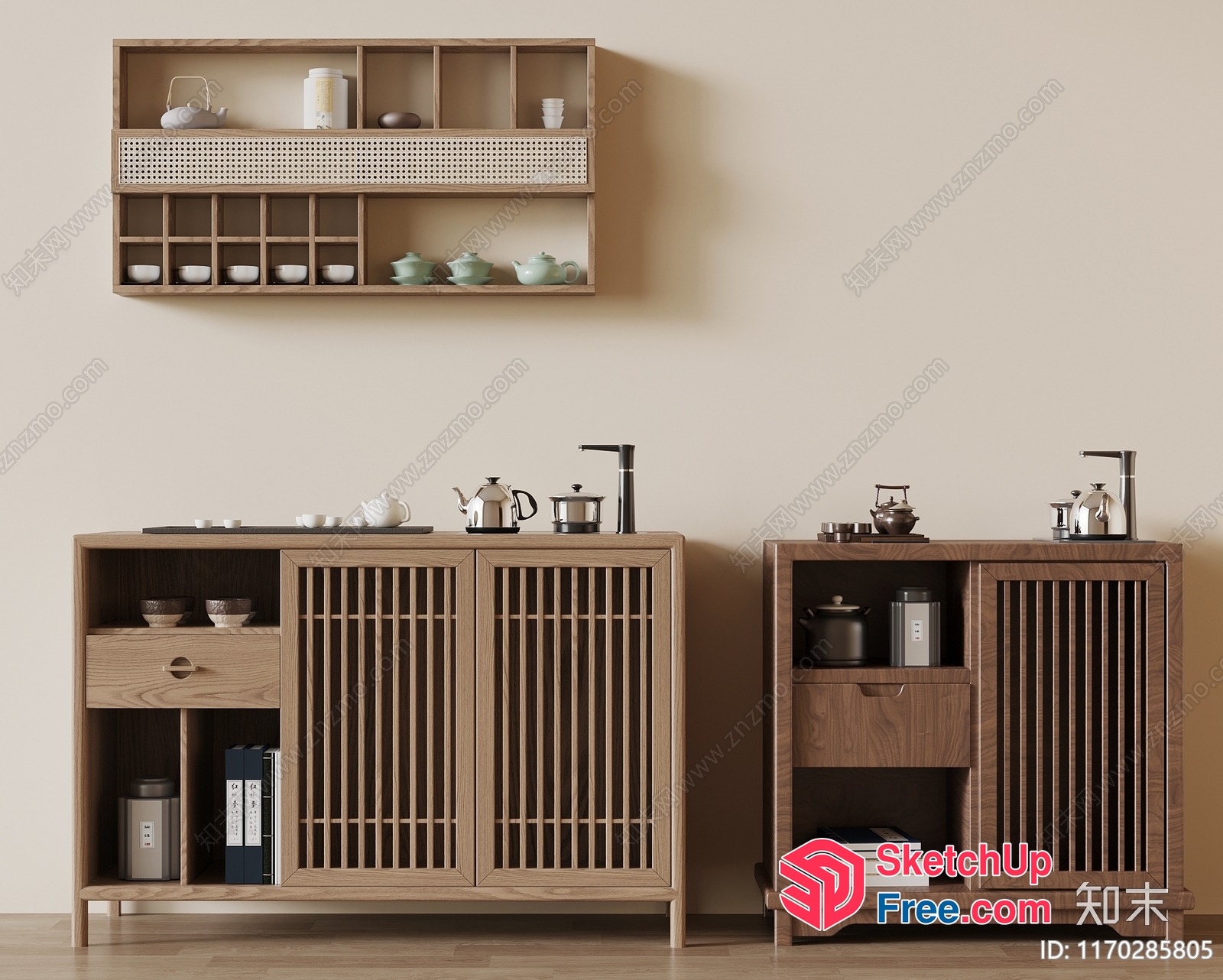 Wooden Cabinets And Shelves With Teapots And Cups 3D SketchUp File