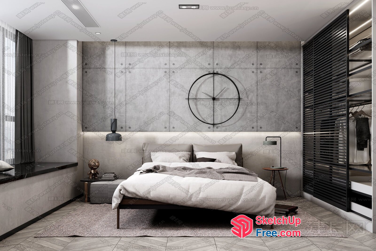 Modern Industrial Bedroom Design With Concrete Walls And Metal Accents 3D SketchUp File