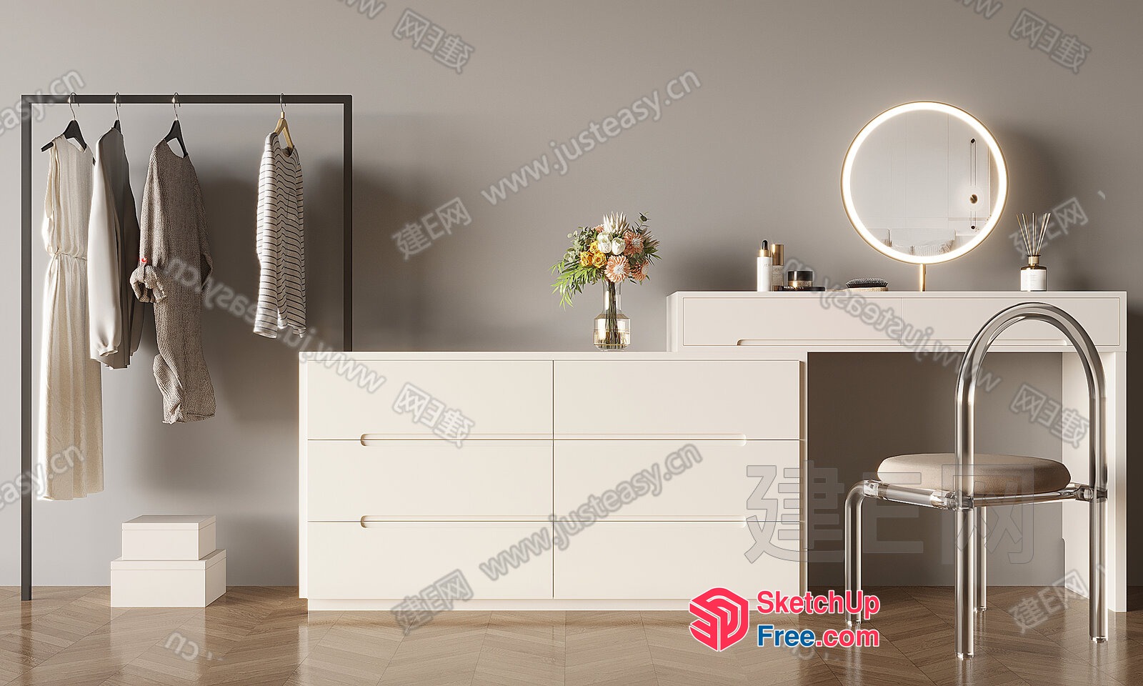 Elegant White Dresser With Matching Vanity And Chair 3D SketchUp File