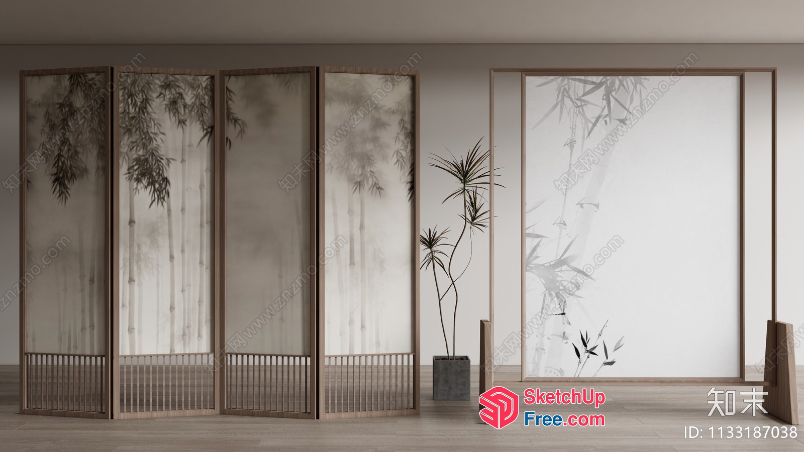 Elegant Partition Screen With Bamboo And Plant Decorations 3D SketchUp File