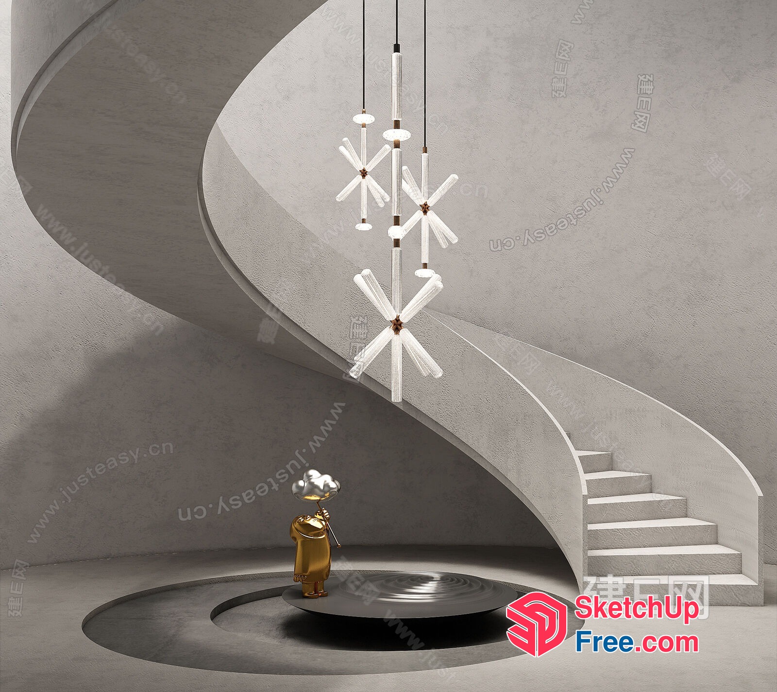 Modern Staircase With Unique Lighting Fixture And Small Statue 3D SketchUp File