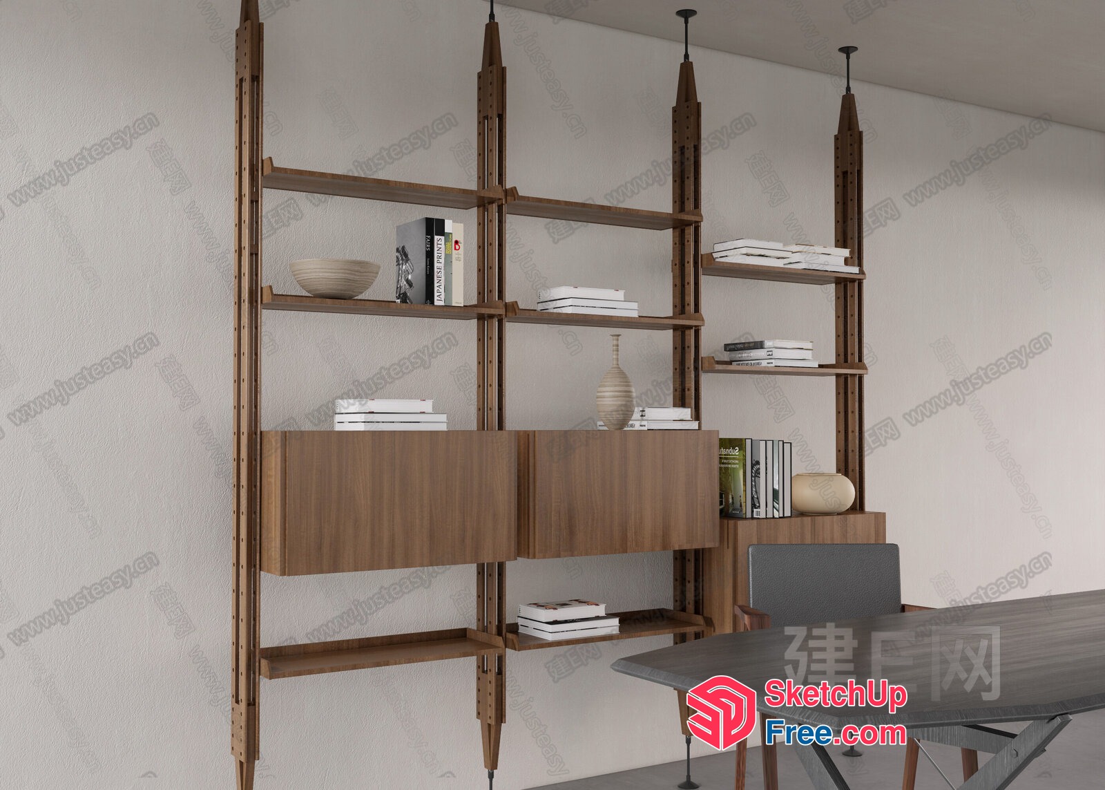 Modern Wooden Shelving Unit With Storage And Decor 3D SketchUp File