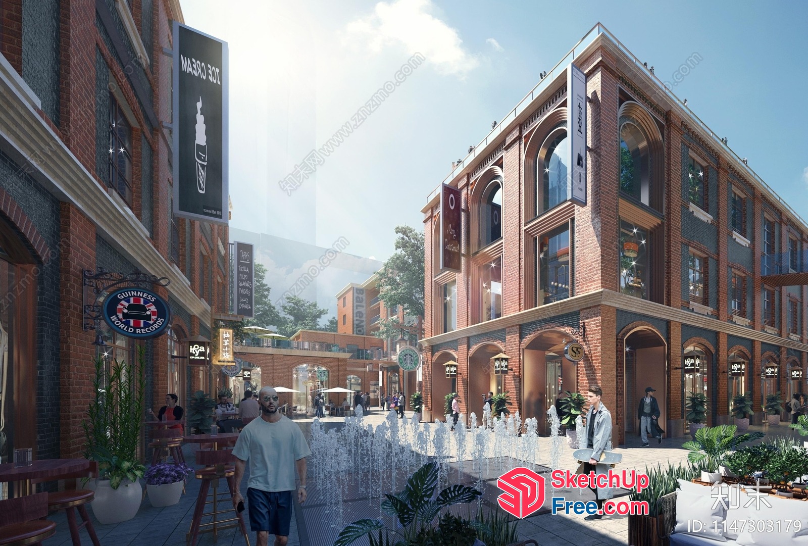 Commercial Street With Classic Moulding And Brick Facade 3D SketchUp File