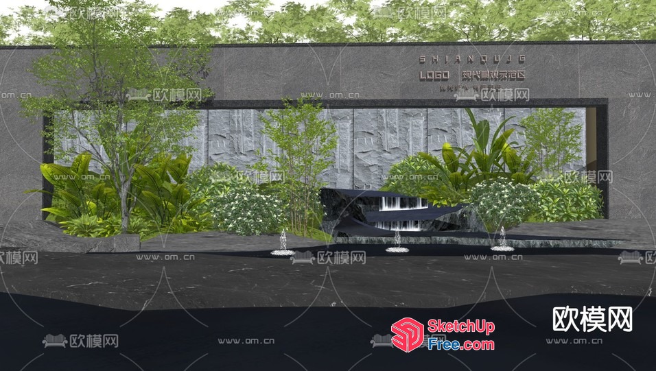 Asian-Inspired Modern Exterior With Water Feature 3D SketchUp File