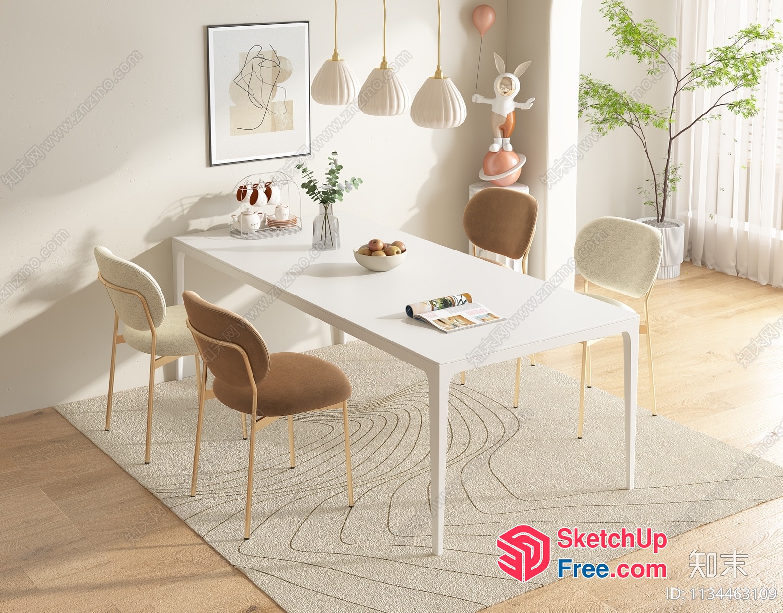 Modern Minimalist Dining Room With White Table And Chairs 3D SketchUp File