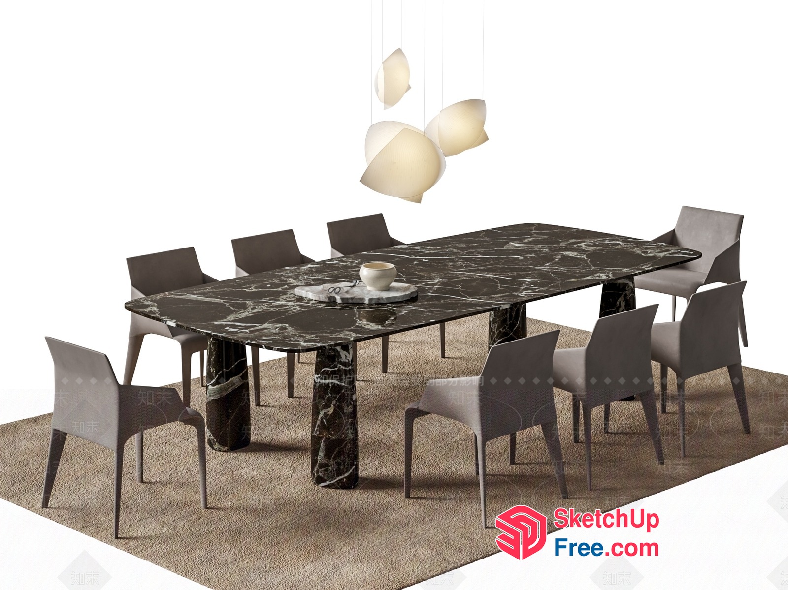 Elegant Dining Room With Dark Marble Table And Light Brown Chairs 3D SketchUp File
