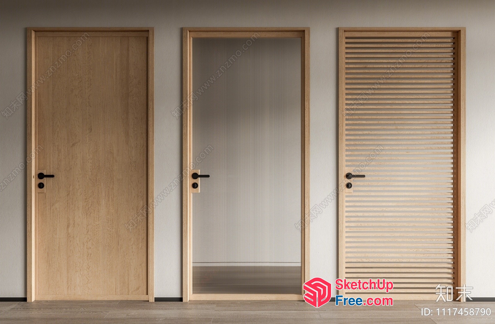 Three Wooden Doors In A Row 3D SketchUp File