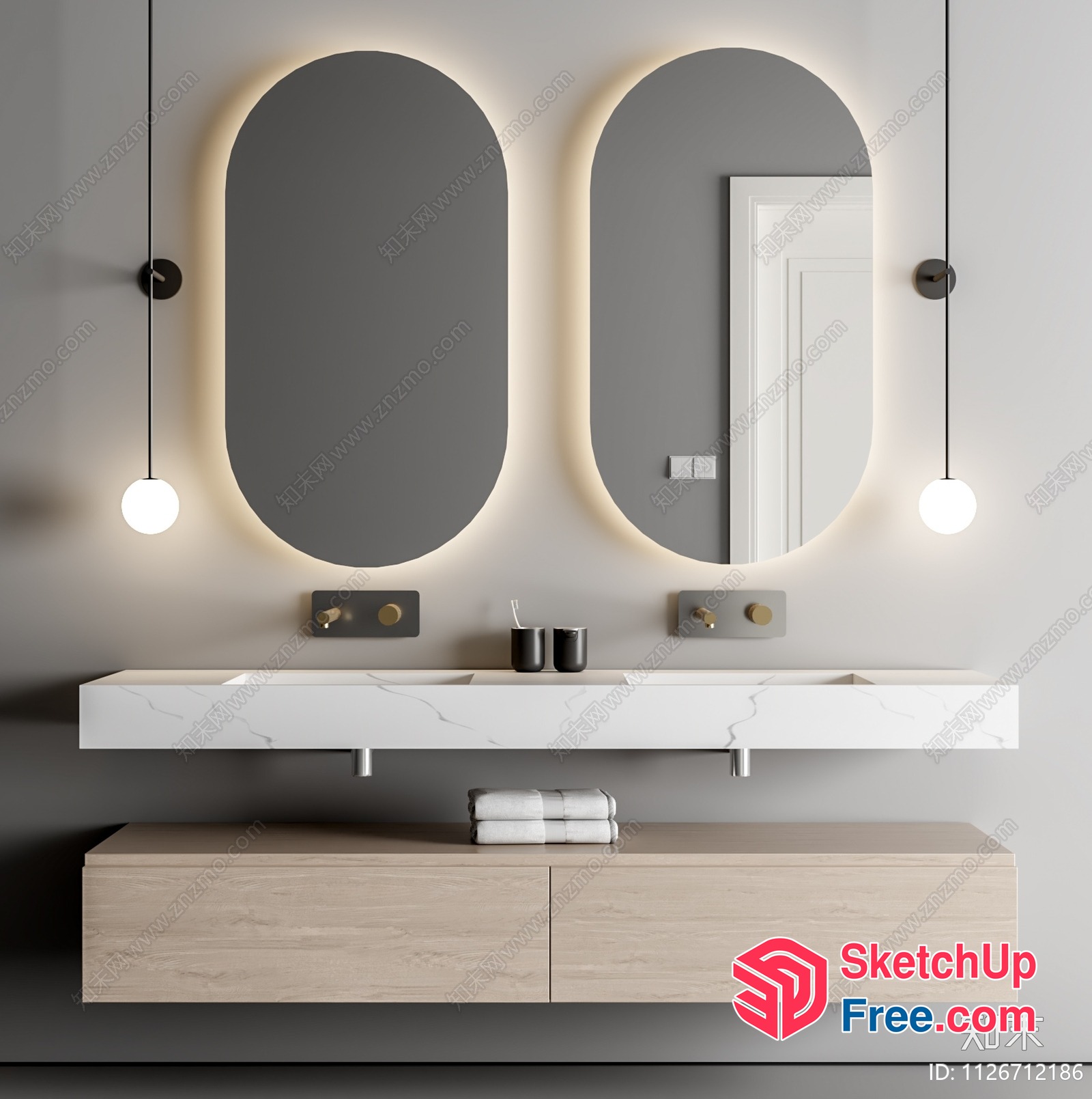 Modern Bathroom Vanity With Two Mirrors And Hanging Lights 3D SketchUp File