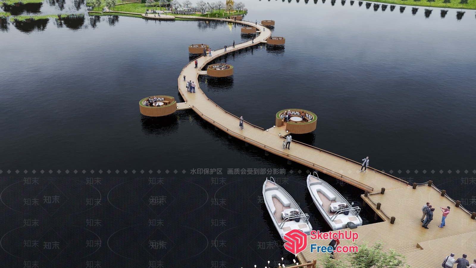 Serpentine Bridge With Floating Platforms And Boats 3D SketchUp File