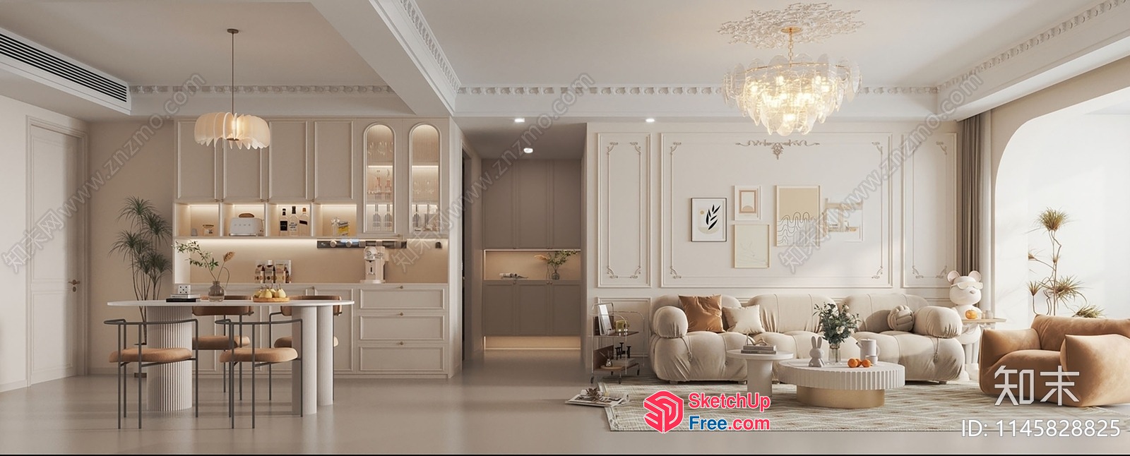 Elegant Creamy European-Style Living Room And Kitchen 3D SketchUp File