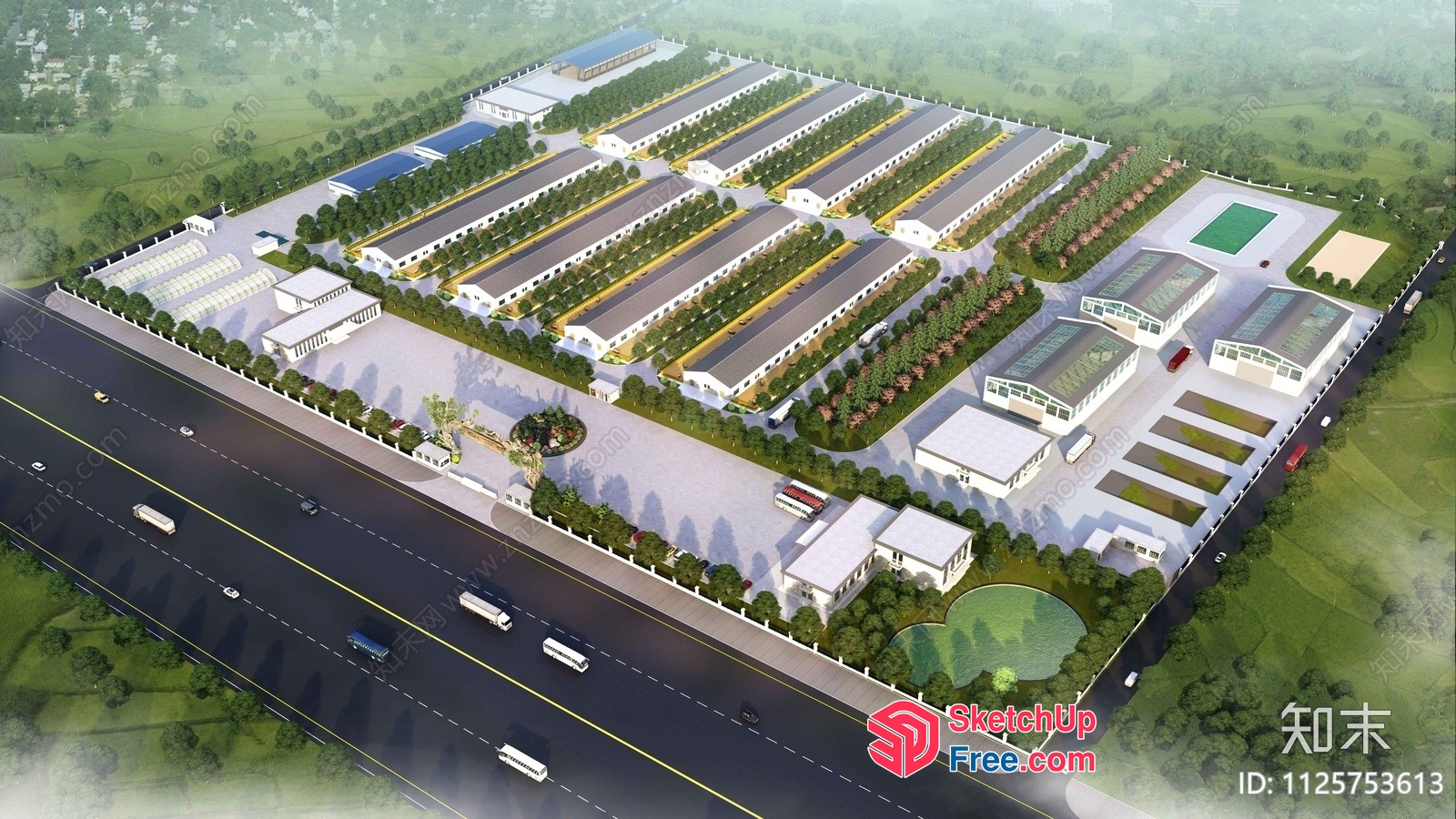 Modern Industrial Park With Greenery And Road 3D SketchUp File