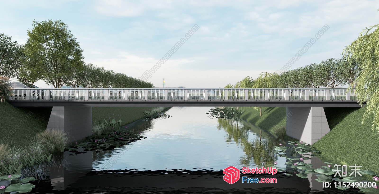 Bridge Over Serene Waterway With Lush Greenery 3D SketchUp File