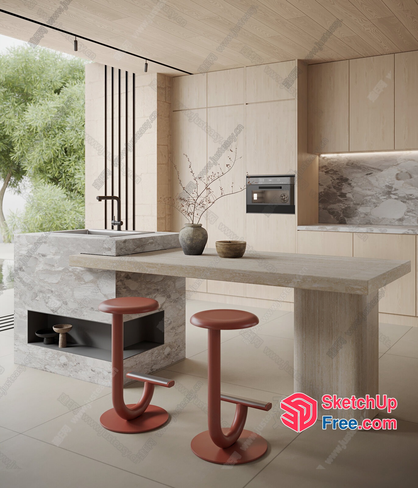 Modern Kitchen Island With Built-In Sink And Stools 3D SketchUp File