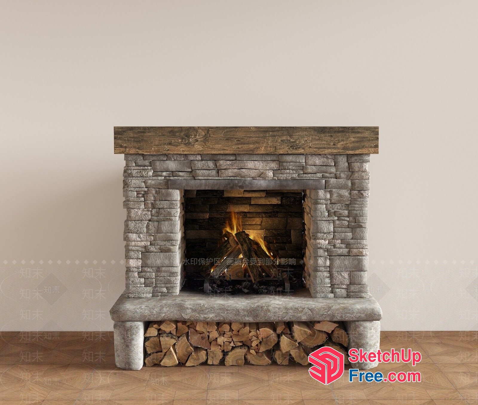 Classic Fireplace With Natural Stone Surround And Wooden Mantle 3D SketchUp File