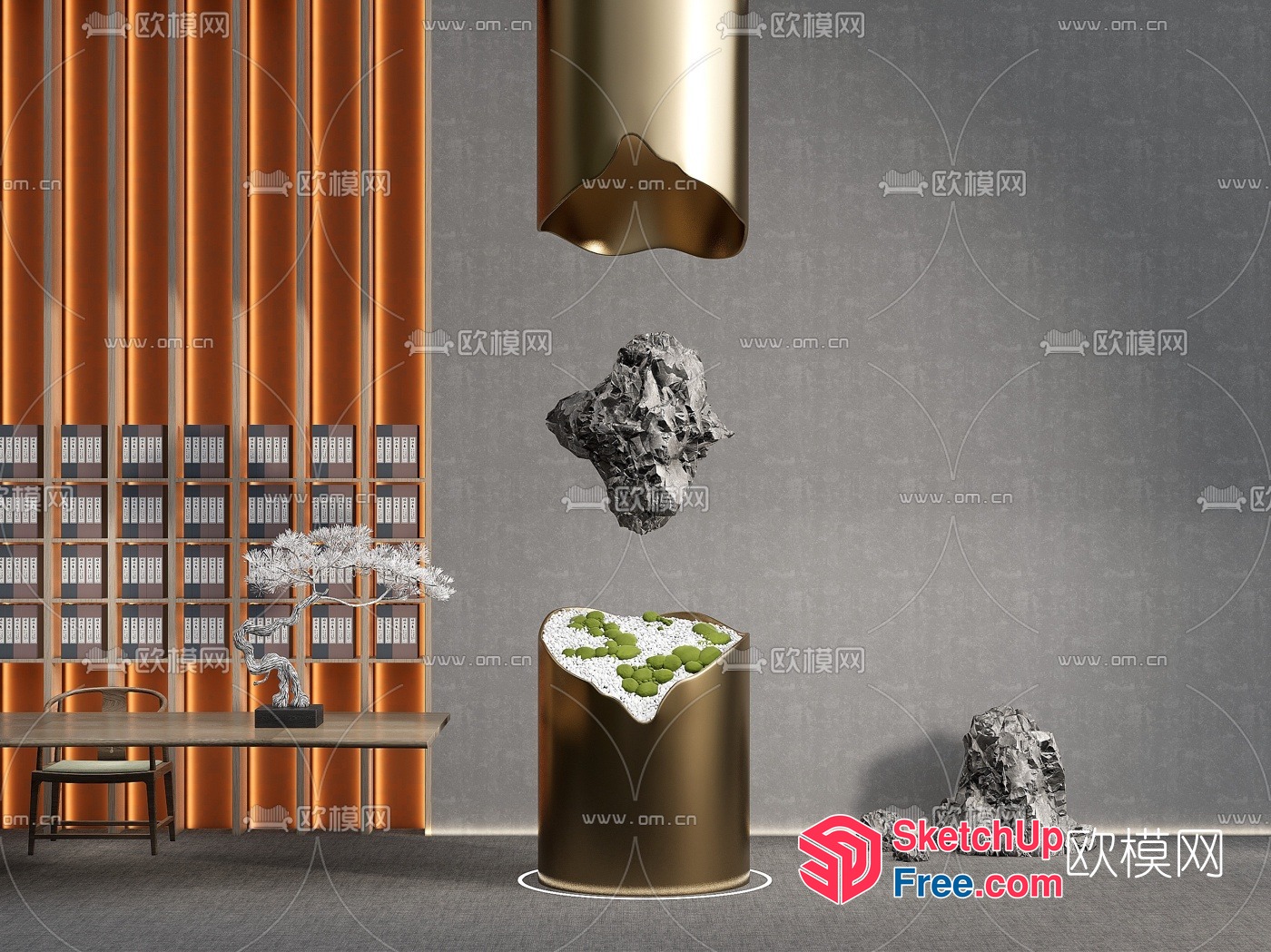 Elegant Modern Office Interior With Bookcase And Rock Decor 3D SketchUp File