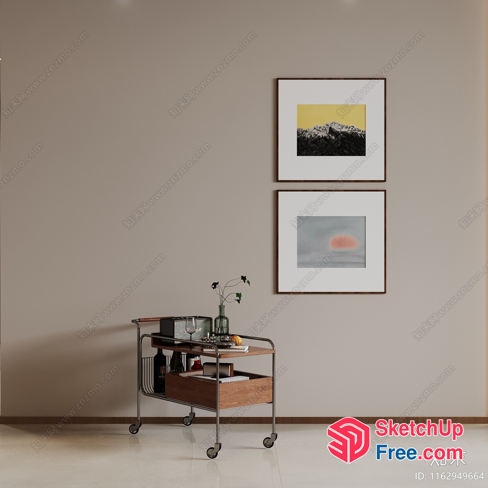 Minimalist Living Room With Wooden Cart And Framed Art 3D SketchUp File
