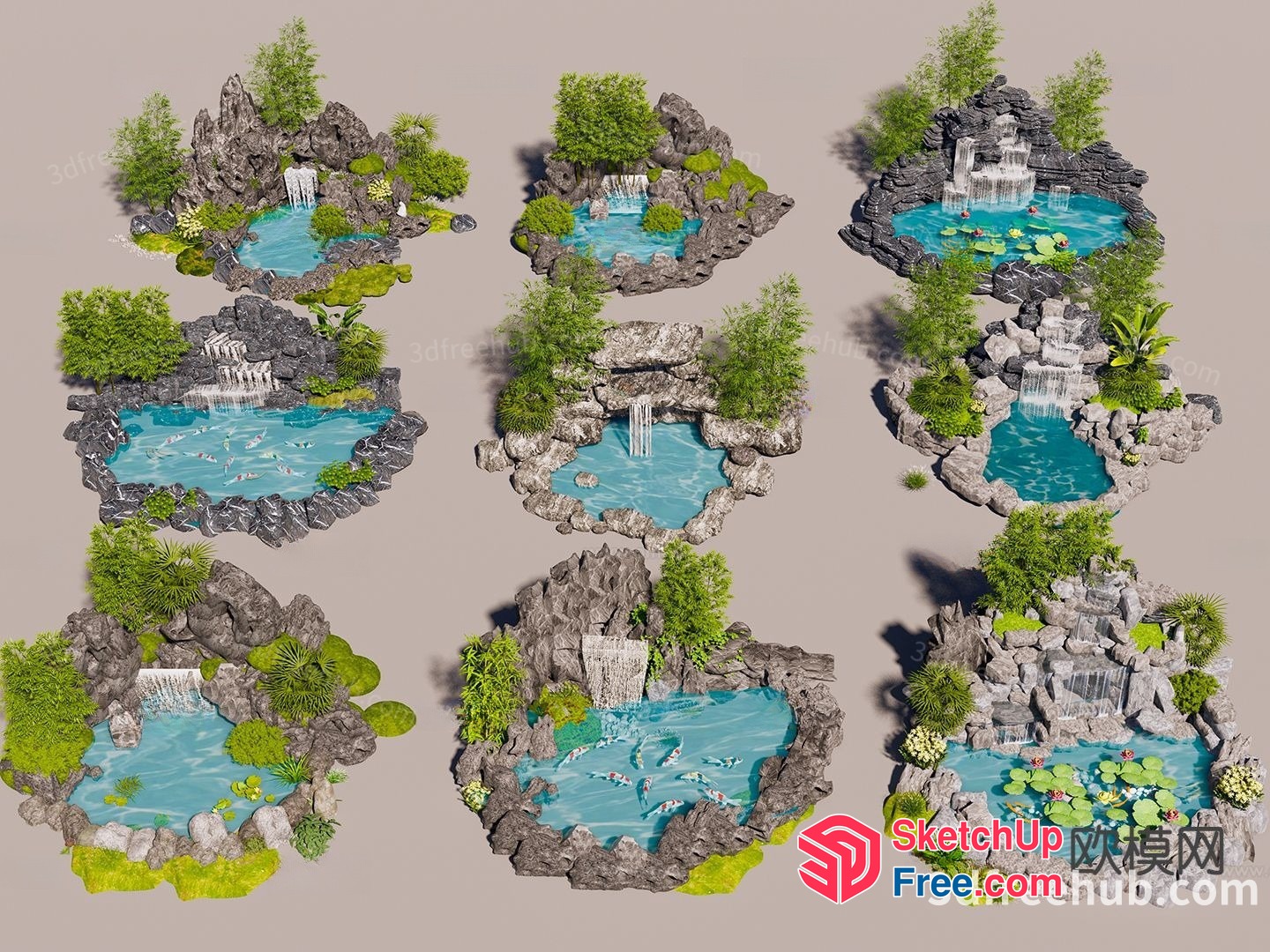 3D Rendering Of A Serene Waterfall And Koi Pond 3D SketchUp File