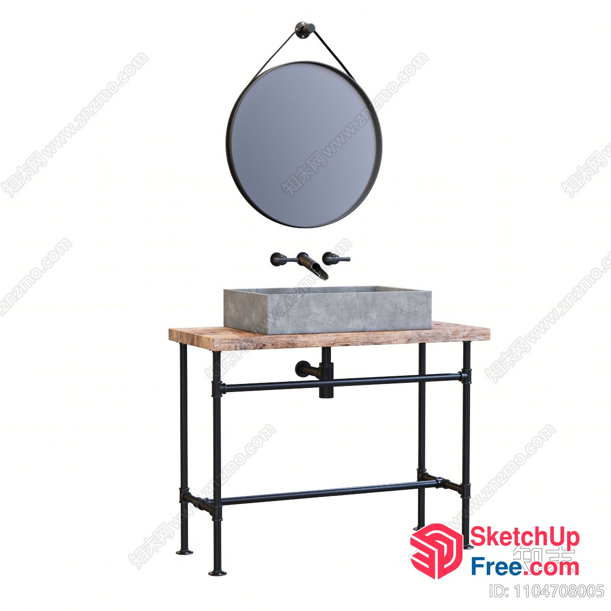 Industrial Style Bathroom Vanity With Concrete Sink And Round Mirror 3D SketchUp File