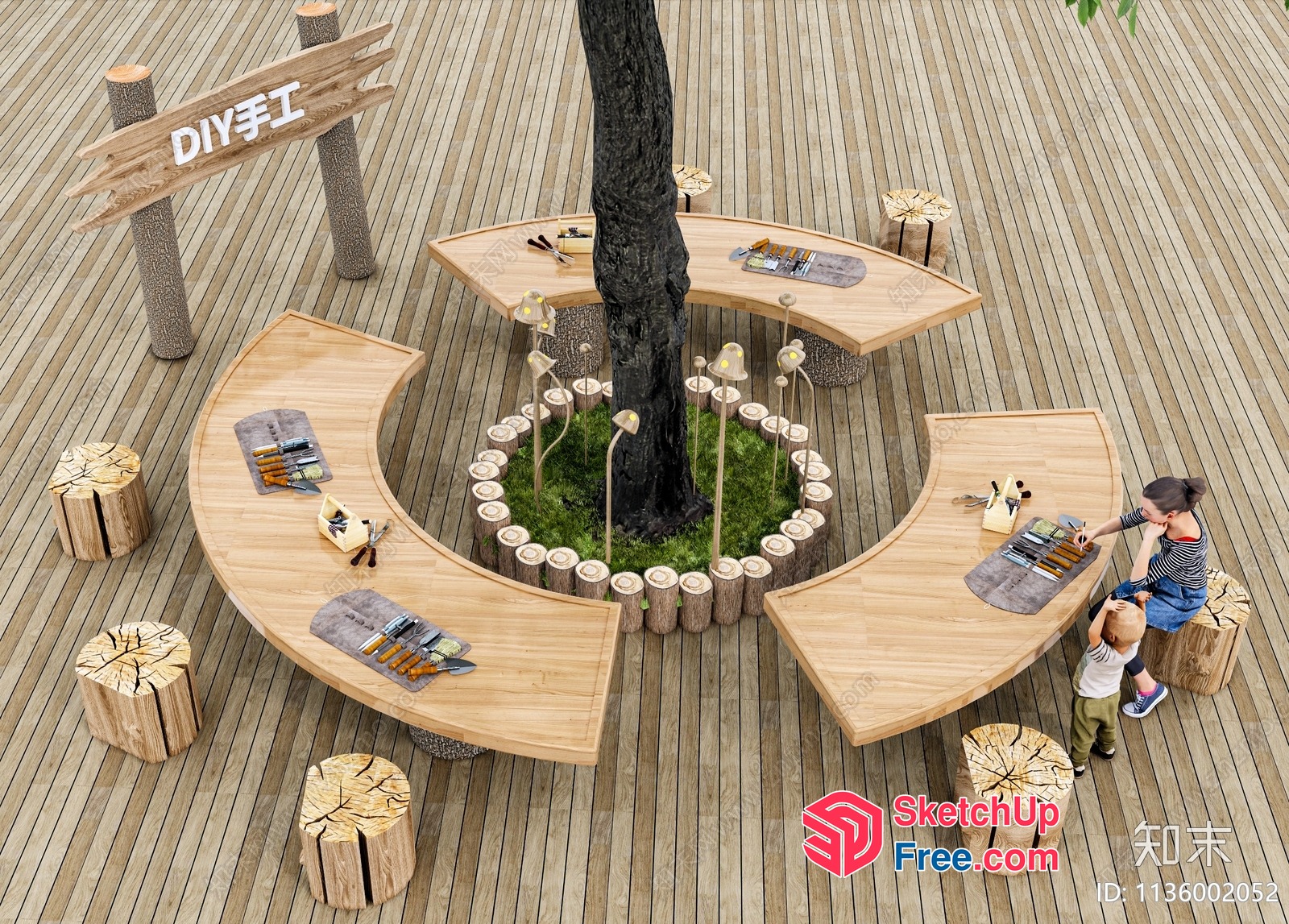Wooden Outdoor Furniture With A Tree In The Center 3D SketchUp File