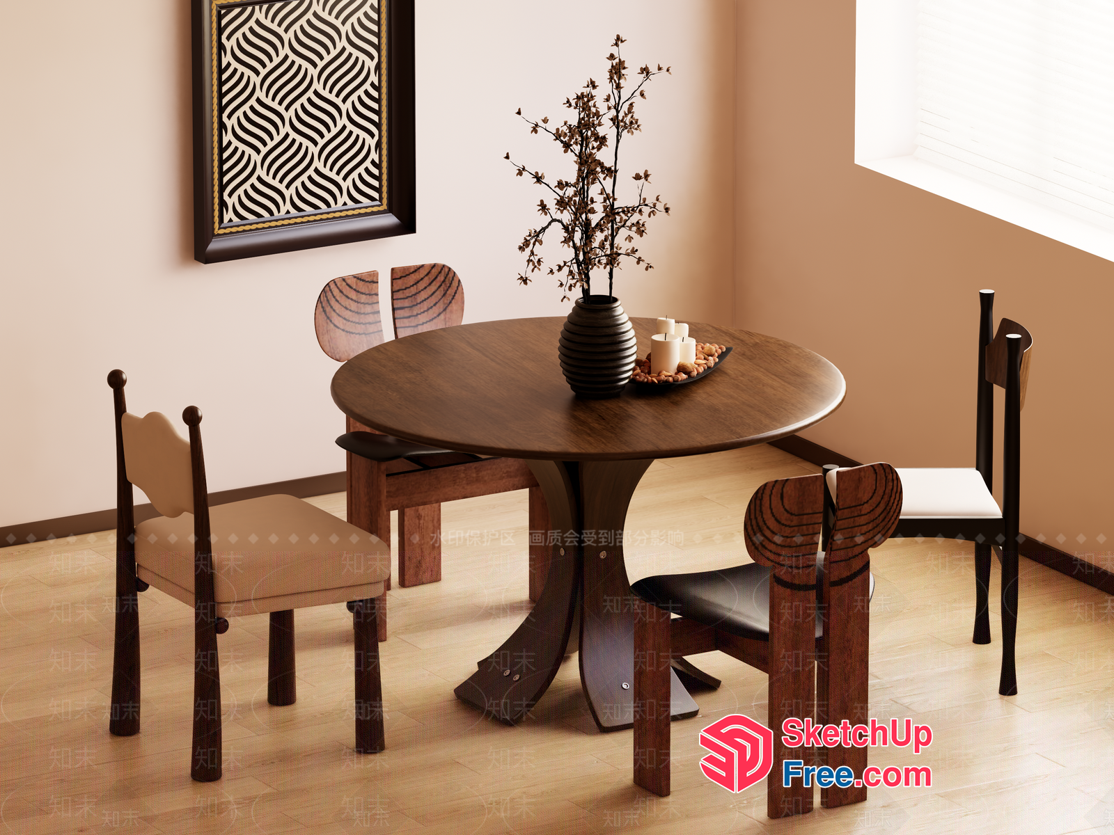 Modern Round Dining Table With Four Chairs 3D SketchUp File