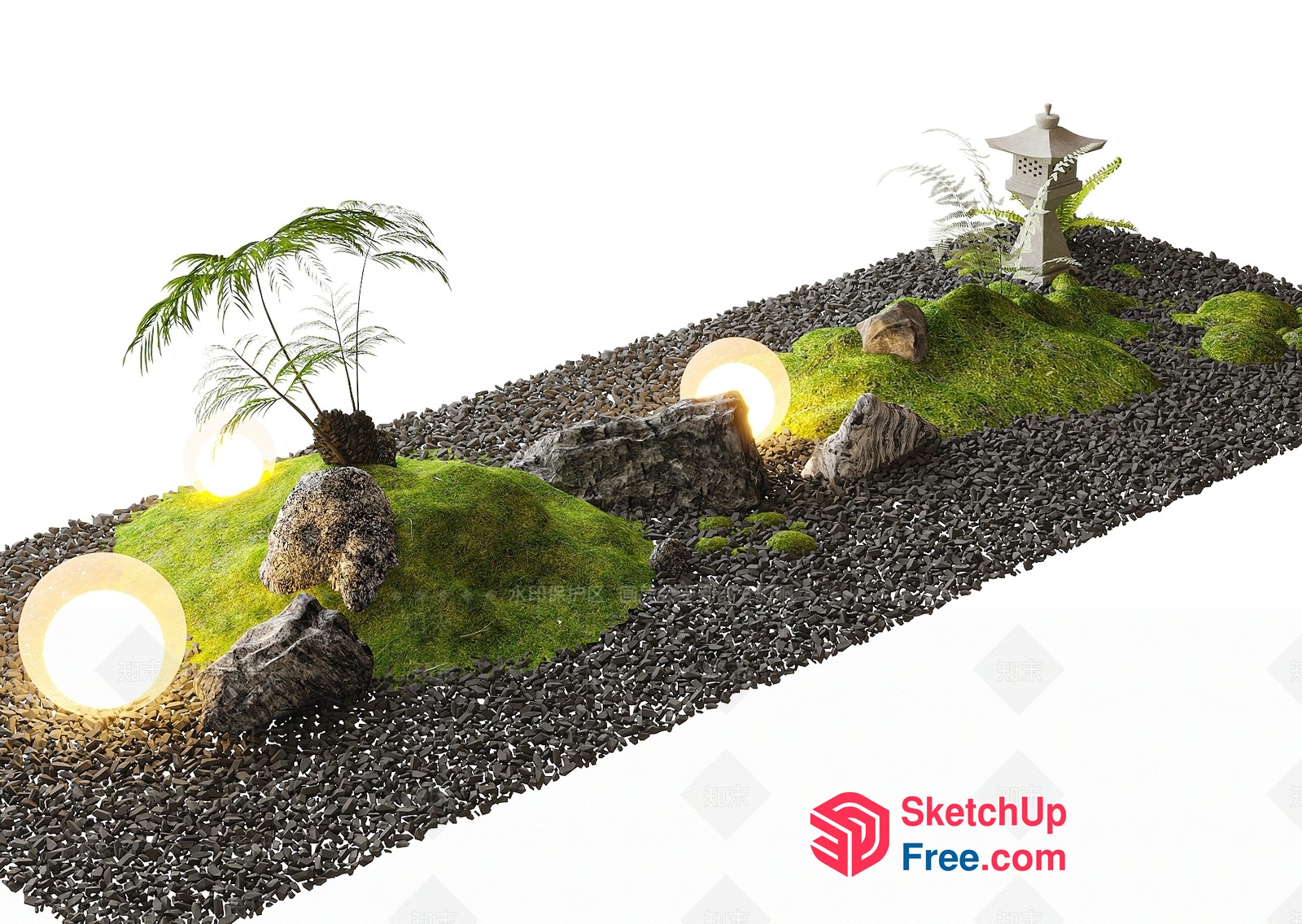Japanese Style Garden Landscape With Rocks And Moss 3D SketchUp File