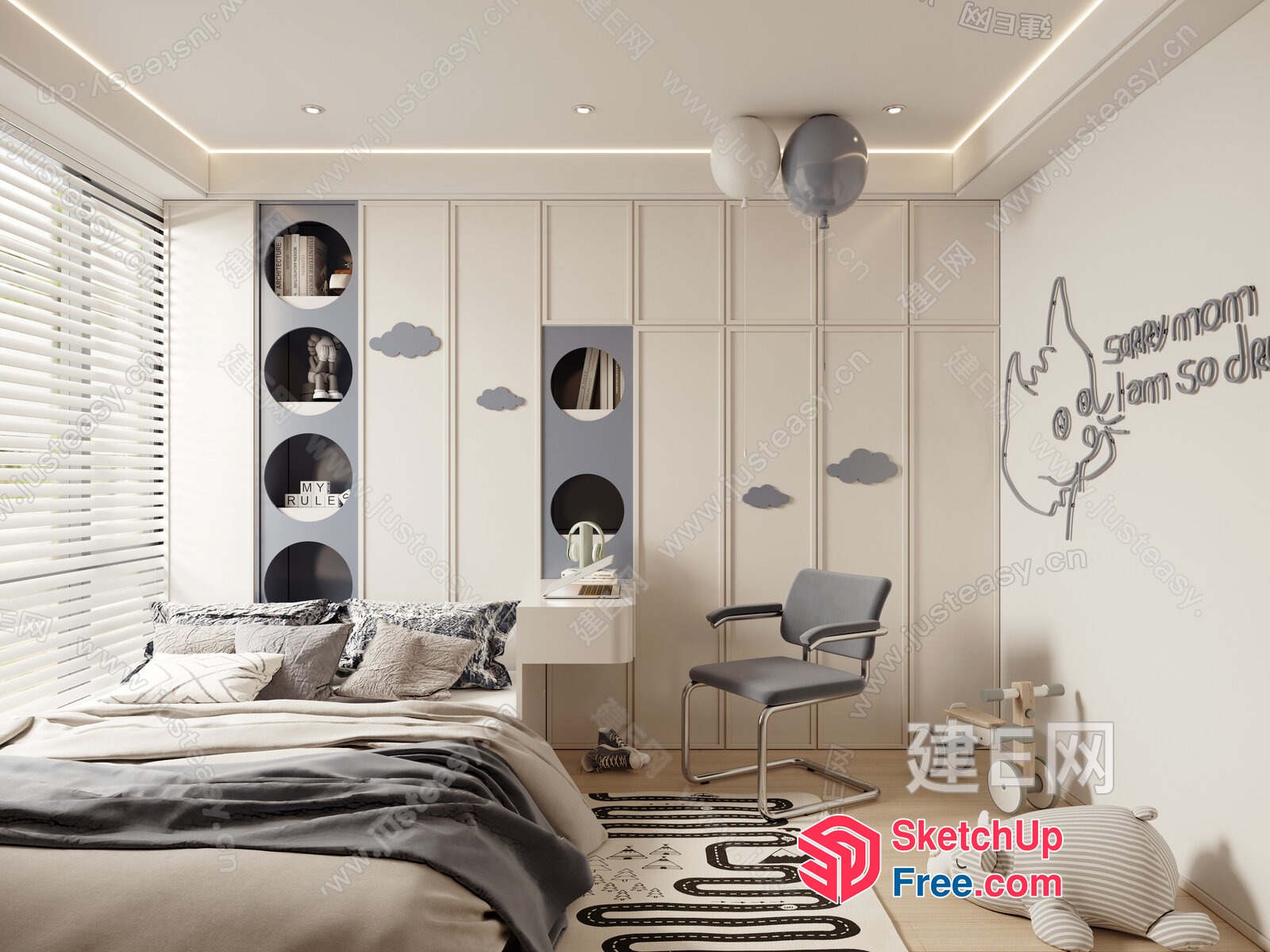 Modern Minimalist Bedroom With White And Gray Decor 3D SketchUp File