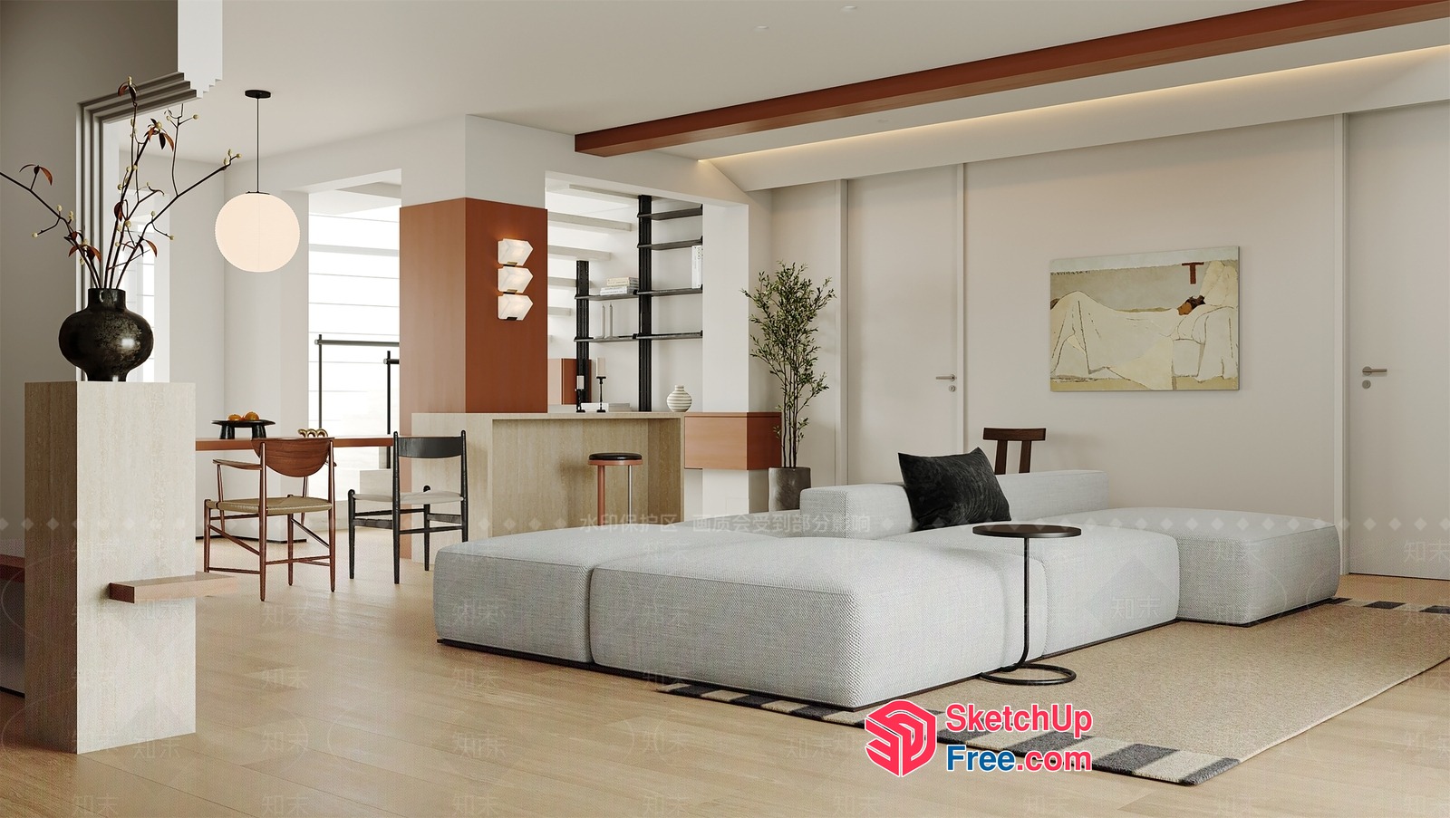 Modern Minimalist Living Room With Natural Wood Accents 3D SketchUp File