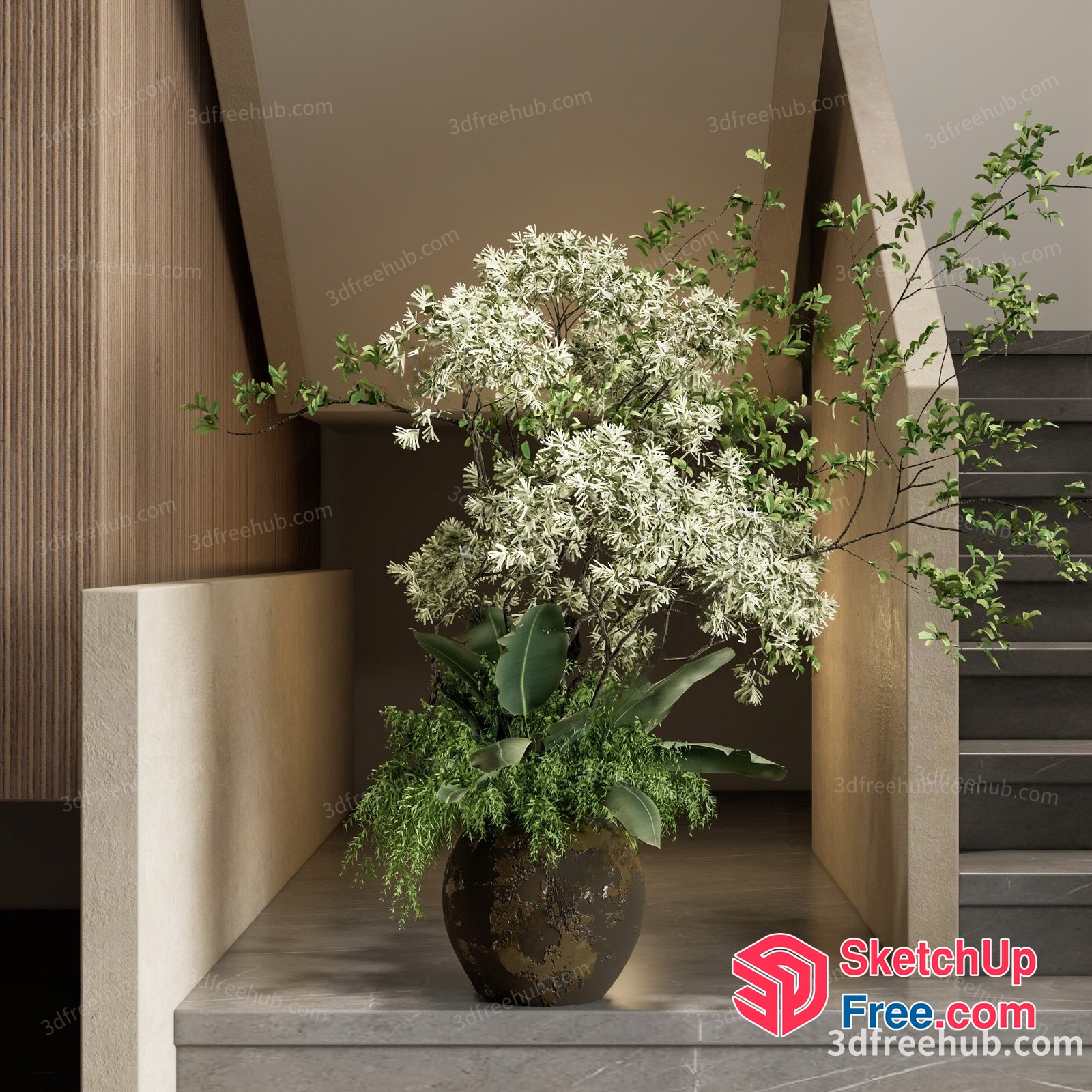 Modern Staircase With Elegant Vase And Lush Plants 3D SketchUp File