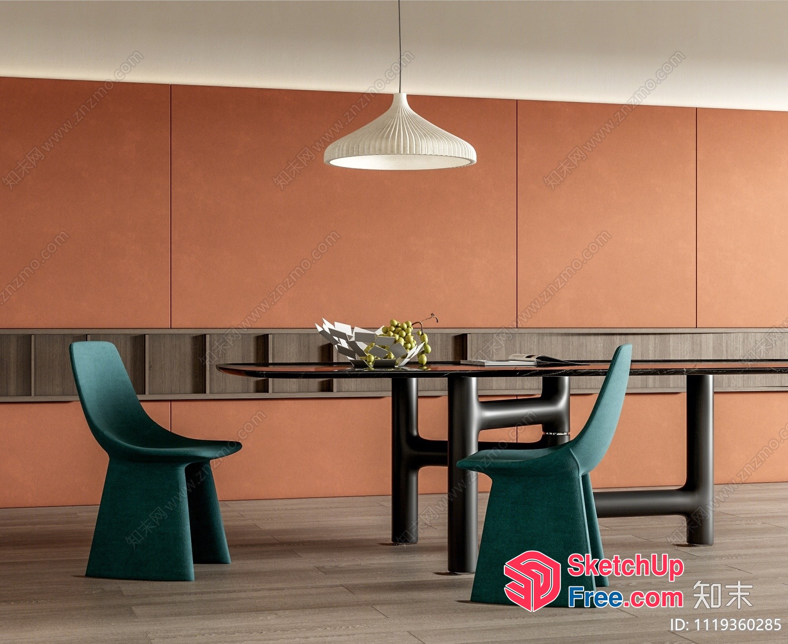 Modern Dining Room With Green Chairs And White Lamp 3D SketchUp File