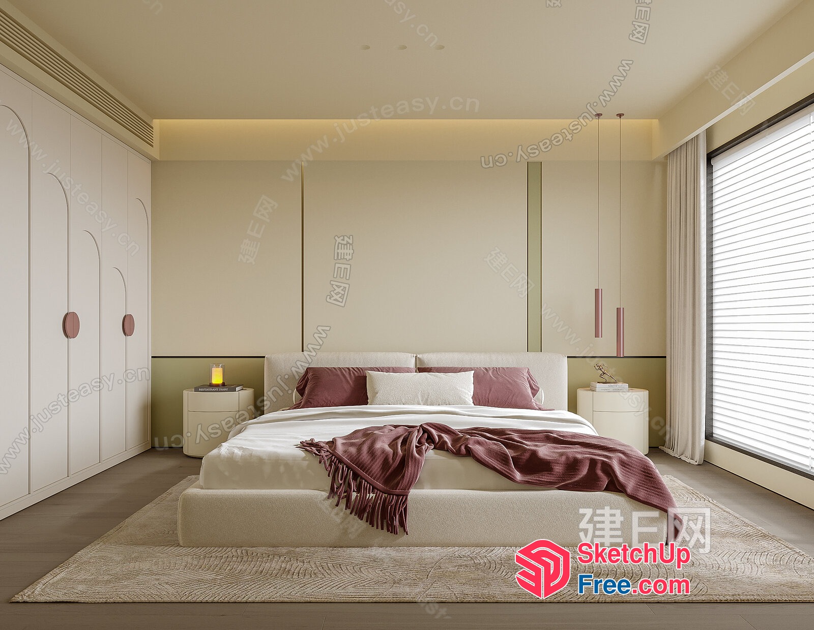 Minimalist Creamy Style Bedroom Interior 3D SketchUp File