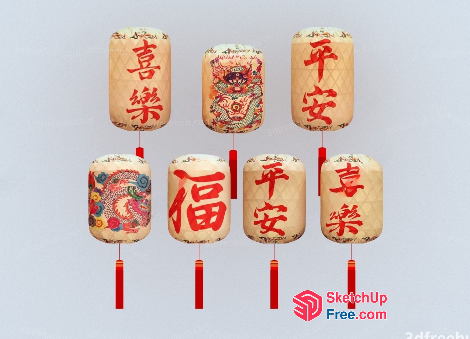Traditional Chinese Lanterns With Red Calligraphy 3D SketchUp File
