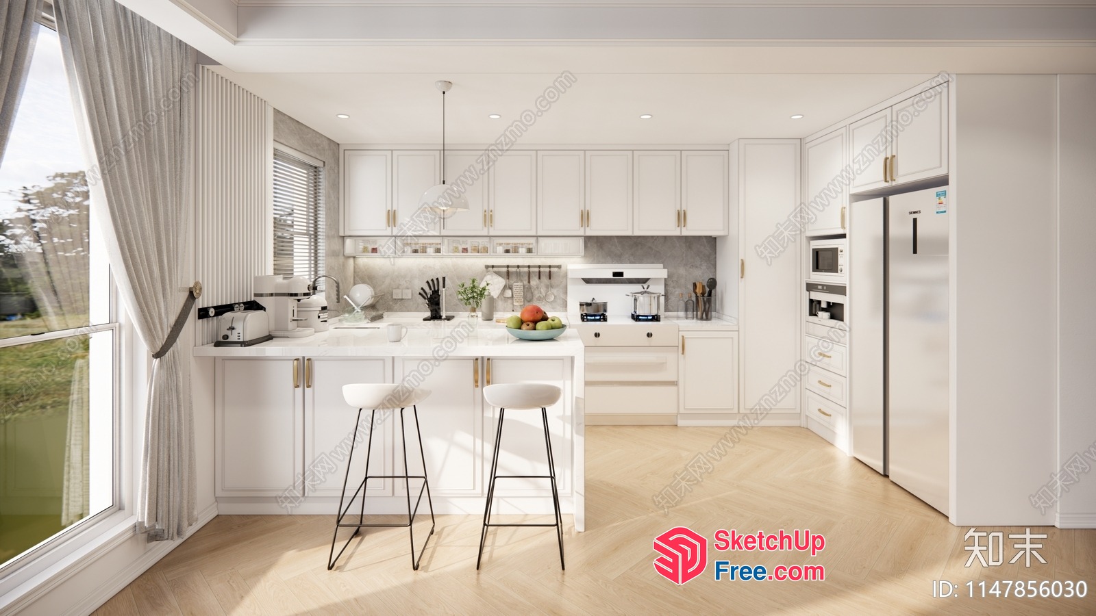 Modern White Kitchen With Island And Bar Stools 3D SketchUp File