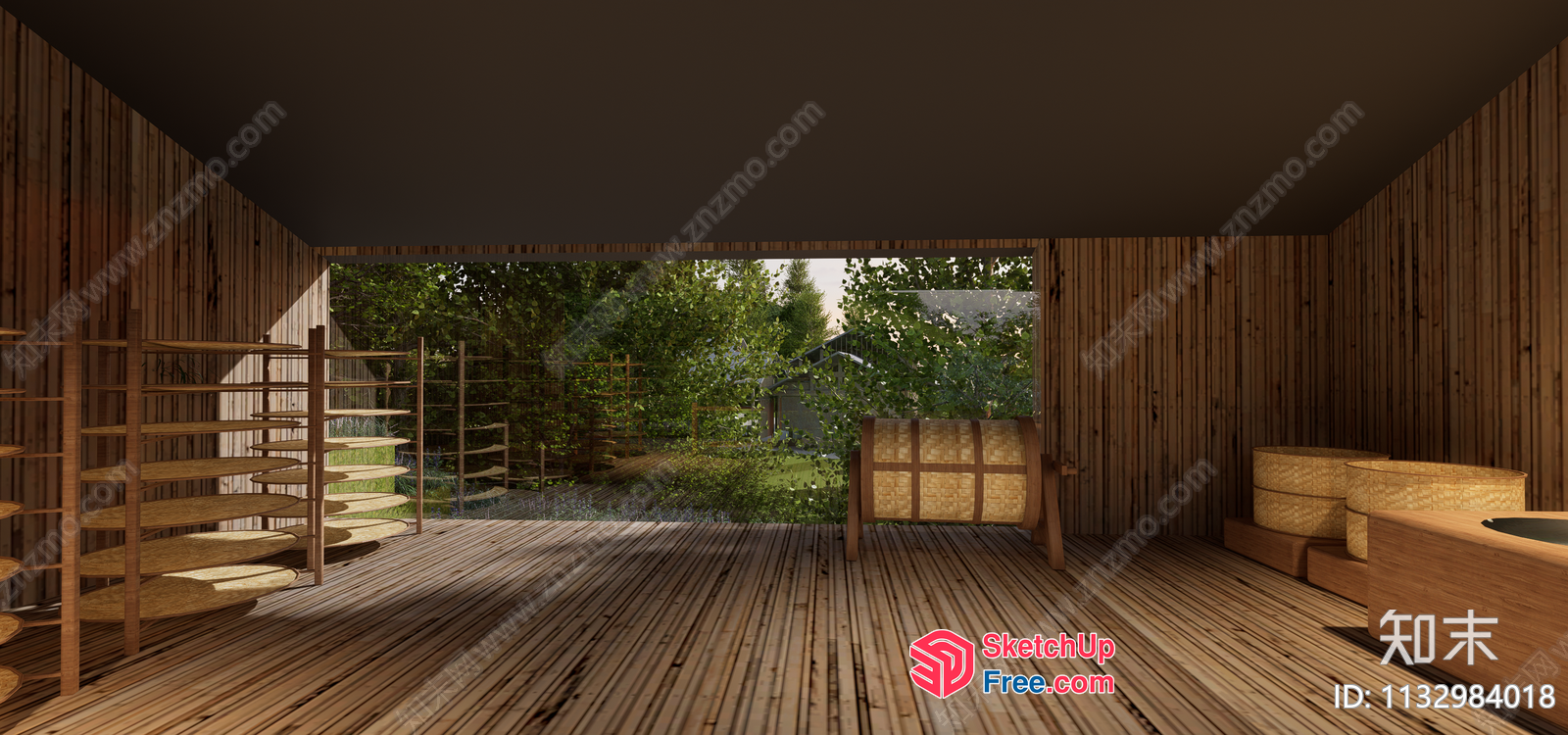 Rustic Wood Deck With Spiral Staircase And Outdoor View 3D SketchUp File