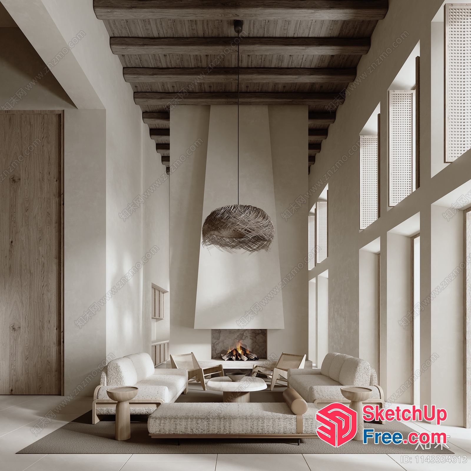 Minimalist Japanese-Style Living Room With Fireplace 3D SketchUp File