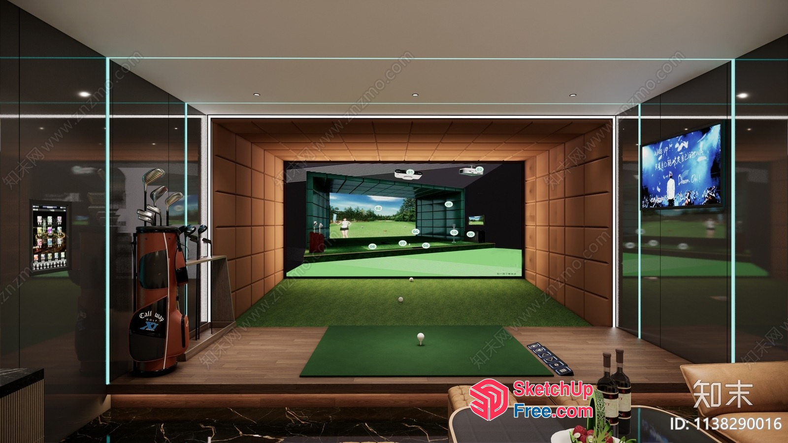 Golf Simulator Room With Golf Clubs And Balls 3D SketchUp File