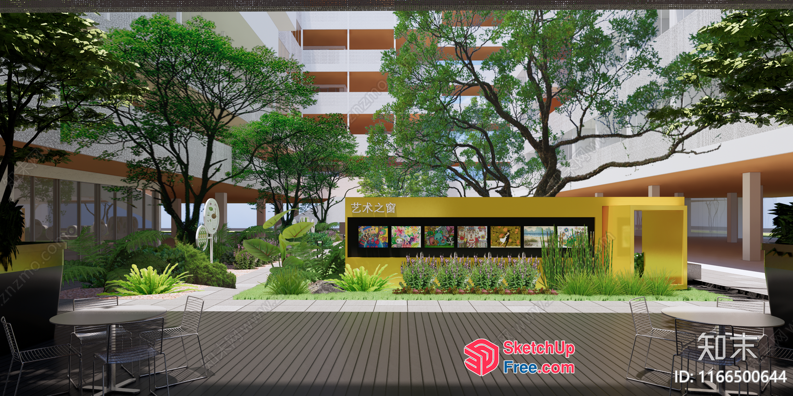 Modern Courtyard With Art Gallery And Seating 3D SketchUp File